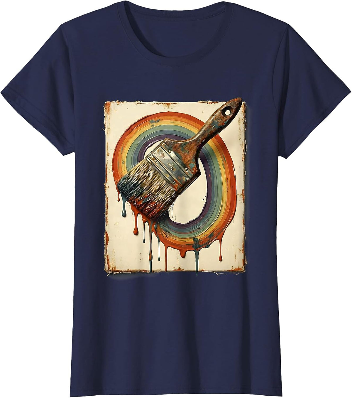 Women's Preschool Teacher Rainbow Paintbrush Canvas Art T-Shirt - Navy Blue