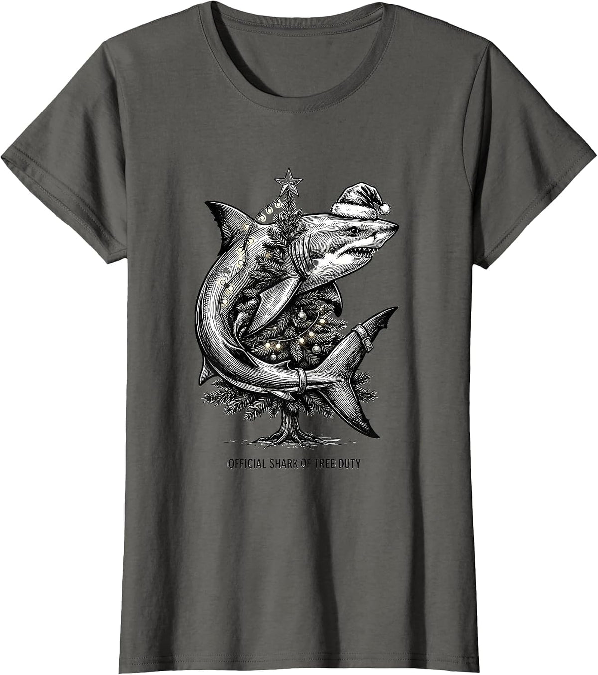 Women's Official Shark of Tree Duty Funny Shark Santa Hat Christmas T-Shirt - Asphalt Grey