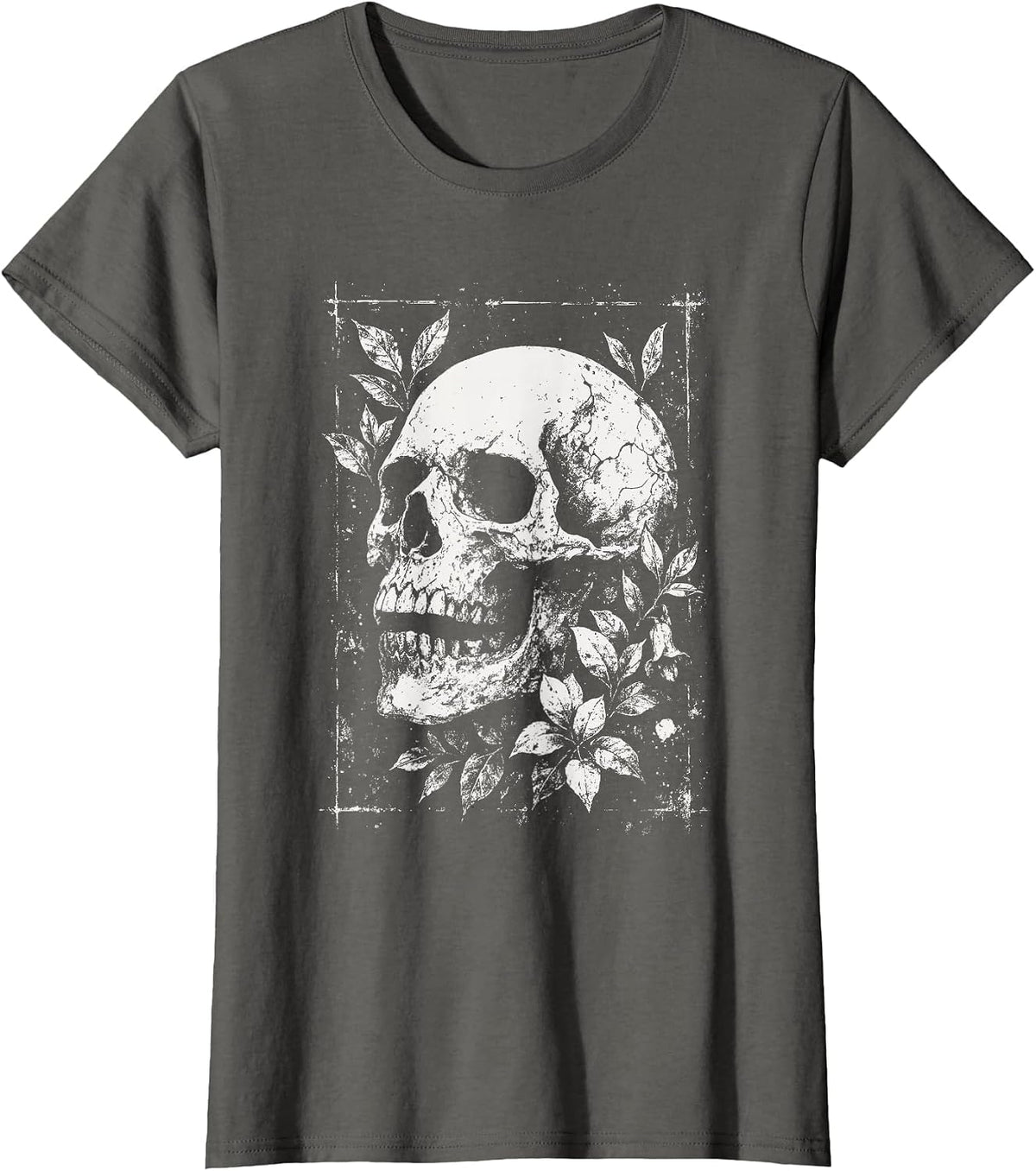 Skull Flowers Goth Floral Occult Death Dark Alt Aesthetic T-Shirt - Asphalt Grey