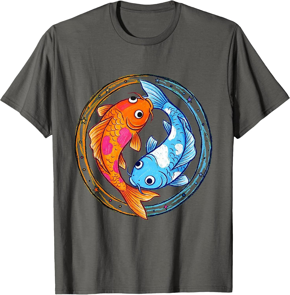 Twin Koi Fish Yin Yang Twin Day Design T-Shirt - Asphalt Grey