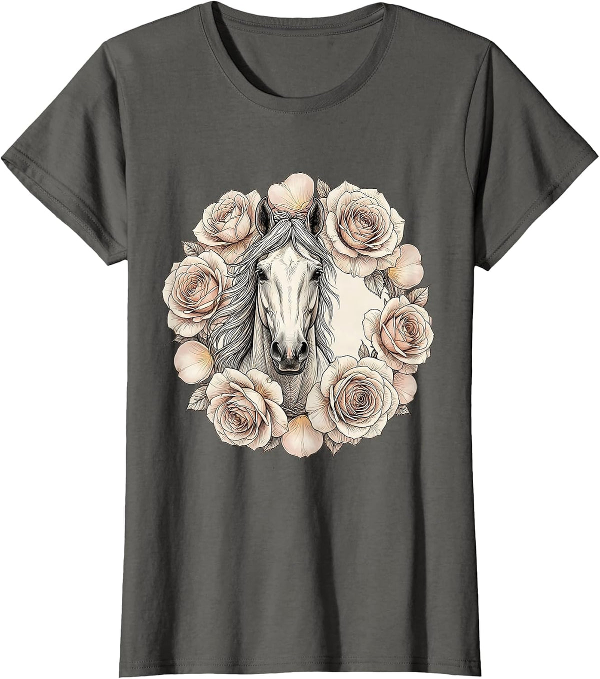 Women's Floral Derby Horse Portrait Blooming Roses T-Shirt - Asphalt Grey