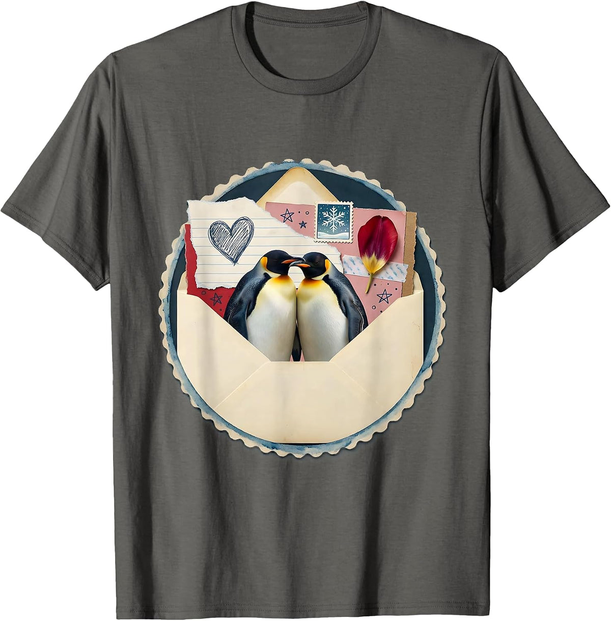 Penguin Love Couple Huddled in Snow Illustration T-Shirt - Asphalt Grey