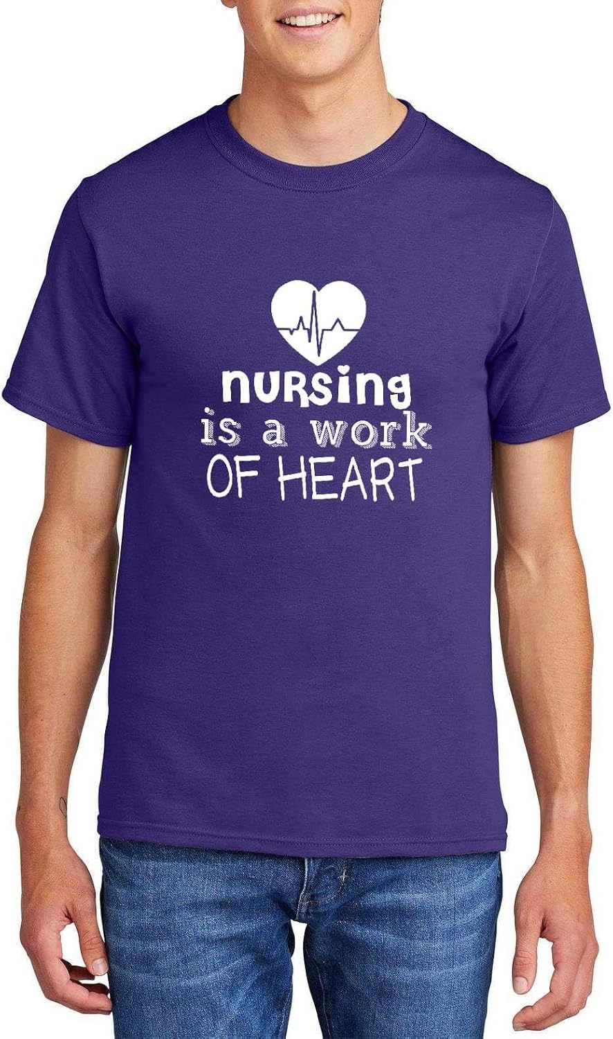 Nursing is A Work of Heart Heartbeat Nurse Graphic Top Cotton Tee Adult Youth Tall Men Women - Mens Crew Purple