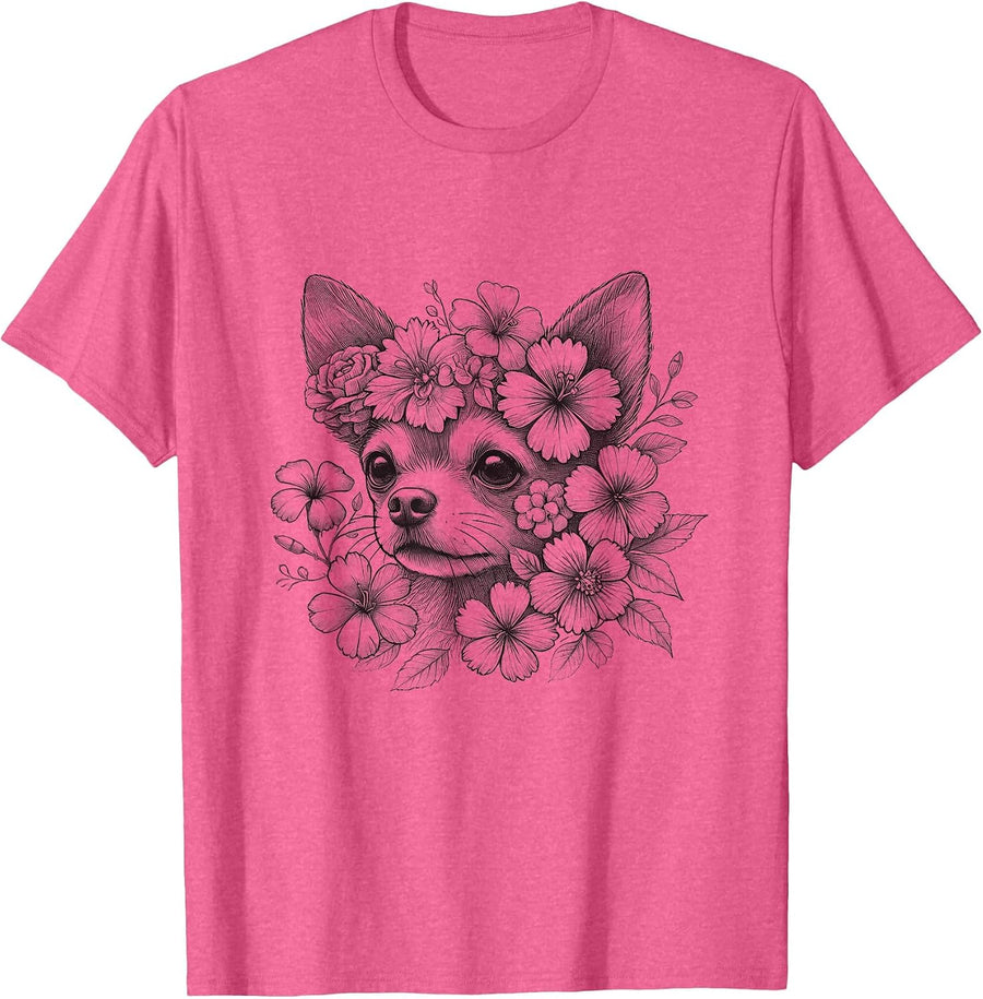 Floral Dog Chihuahua Flower Design for Girls and Women T-Shirt - Pink Heather
