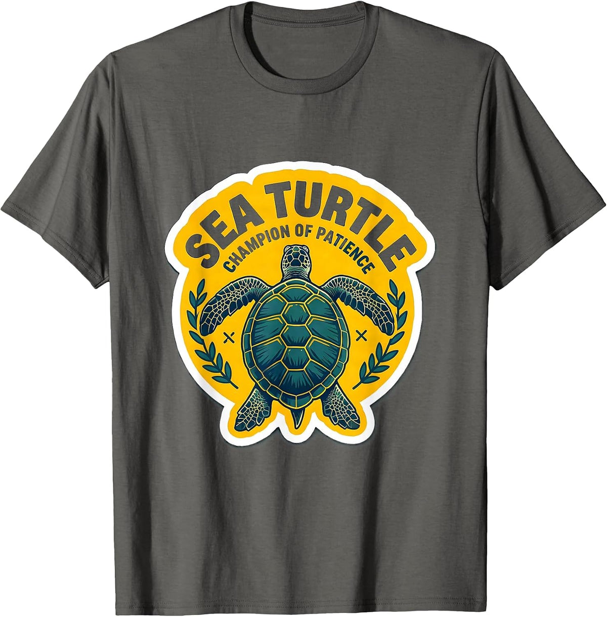 Men's Sea Turtle Champion of Patience Funny Turtle Lover Sticker T-Shirt - Asphalt Grey