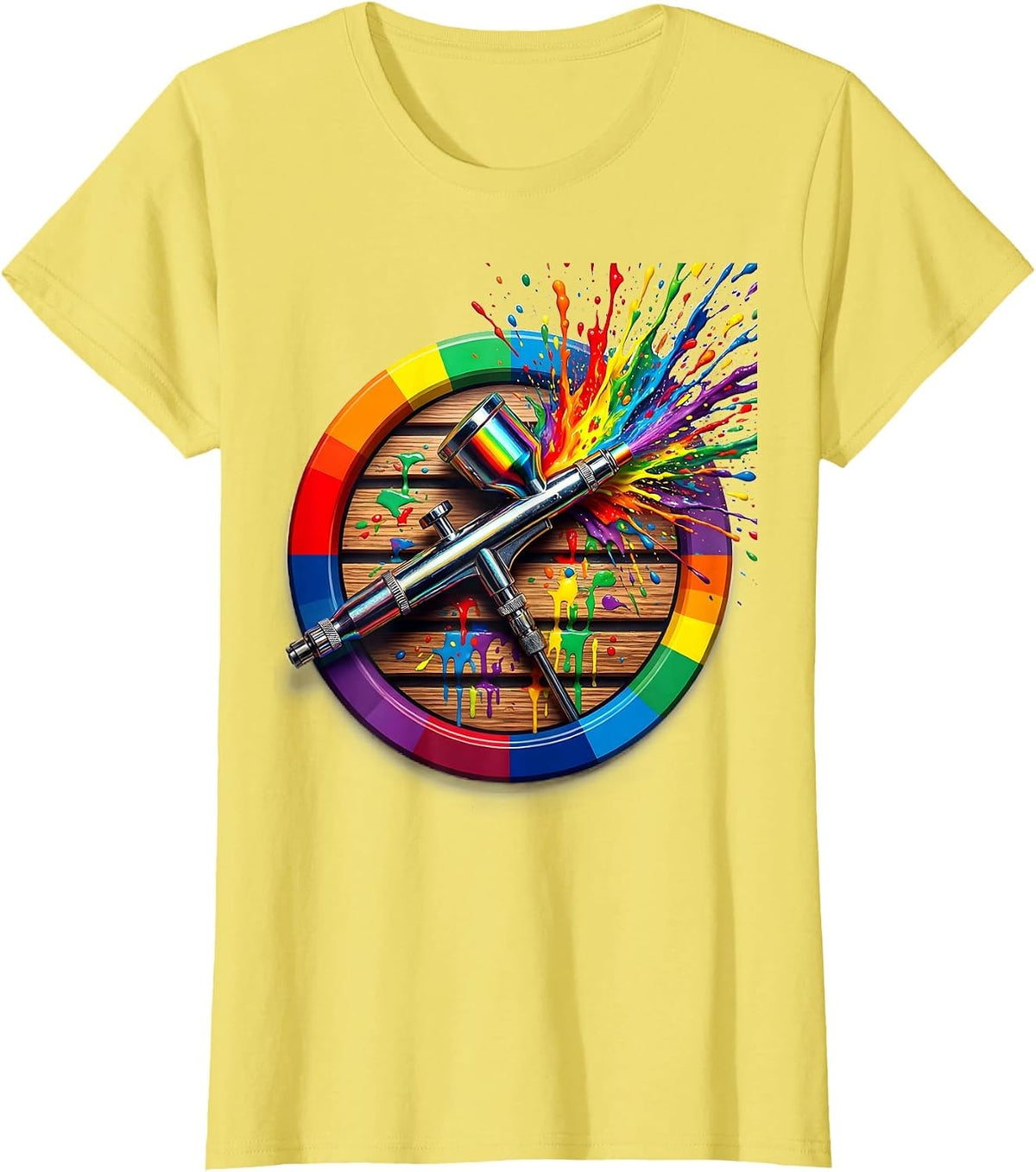 Airbrush Artist Lone Brush on Paint-Stained Workbench T-Shirt - Lemon Yellow