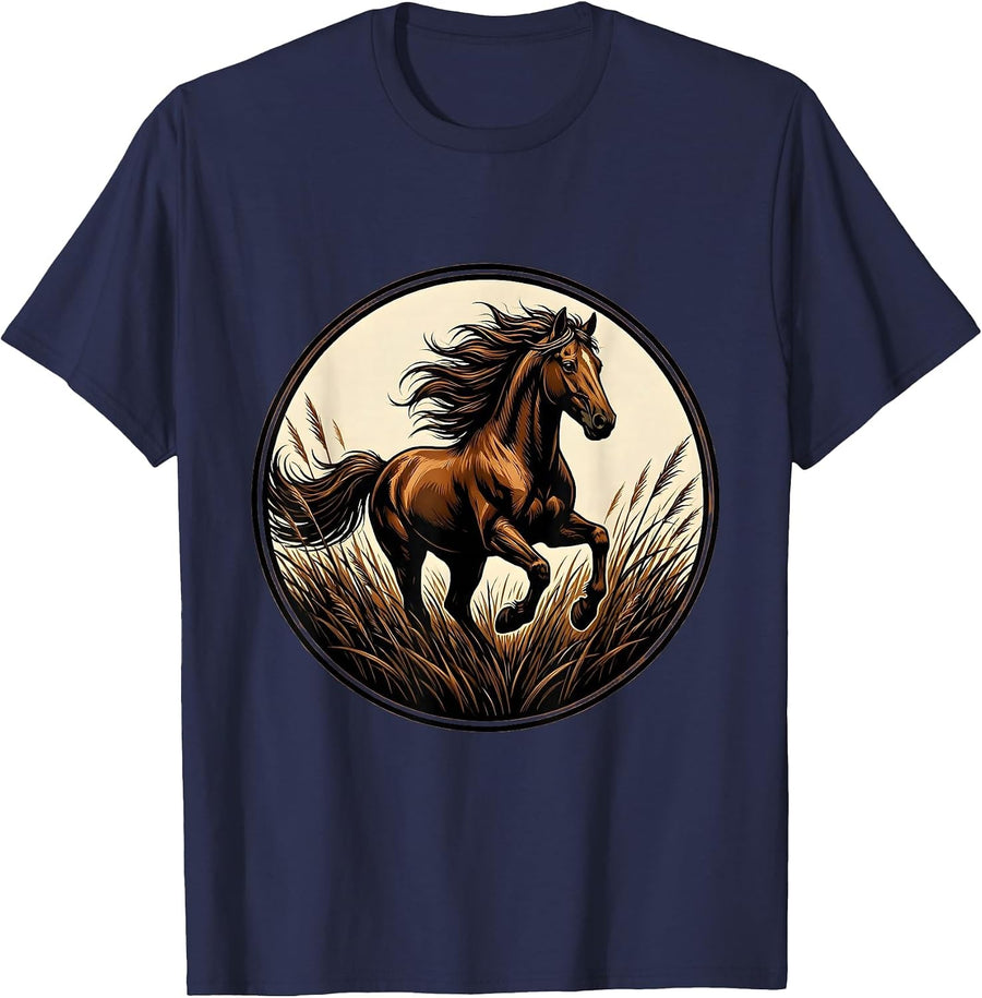 Wild Horse Running Free Through Tall Grass T-Shirt - Navy Blue