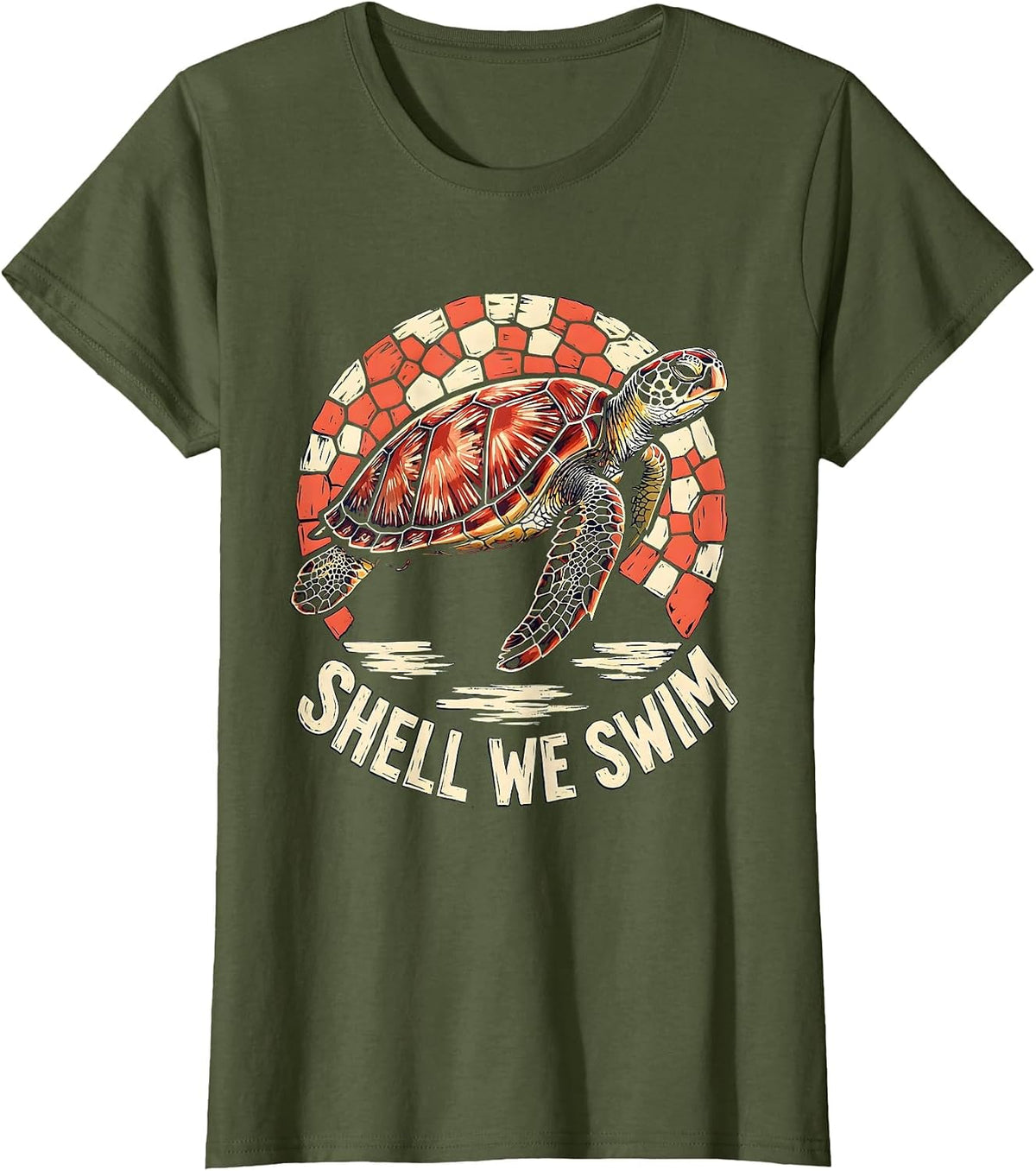 Women's Shell We Swim Linocut Sea Turtle Ocean Animal Lover Tropical T-Shirt - Olive Green