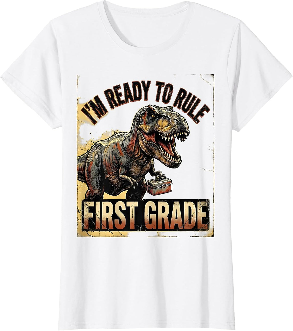 Women's I'm Ready To Rule First Grade Distressed Dinosaur Back T-Shirt - White