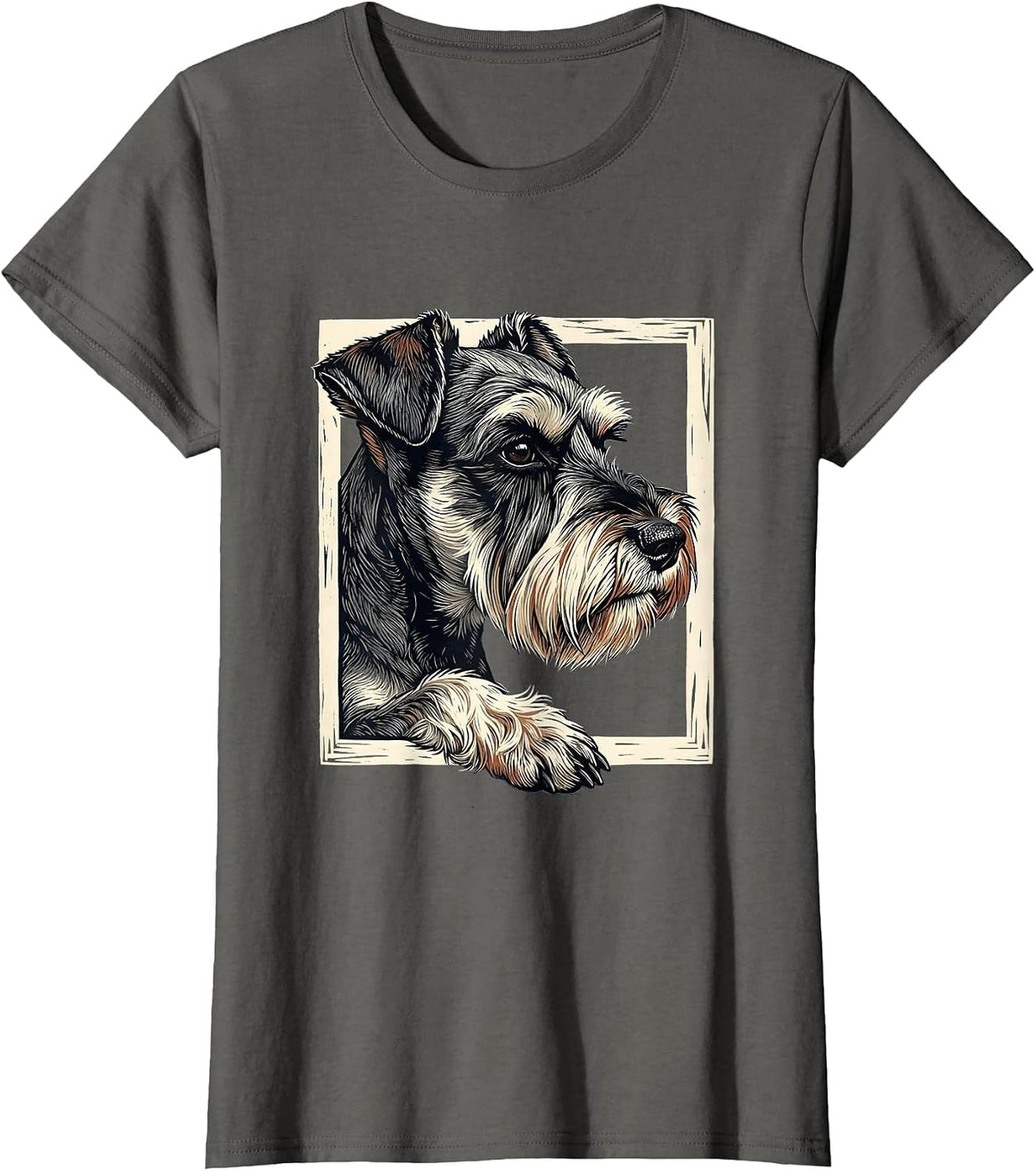 Women's Miniature Schnauzer Linocut Dog Lover Gift T-Shirt - Asphalt Grey