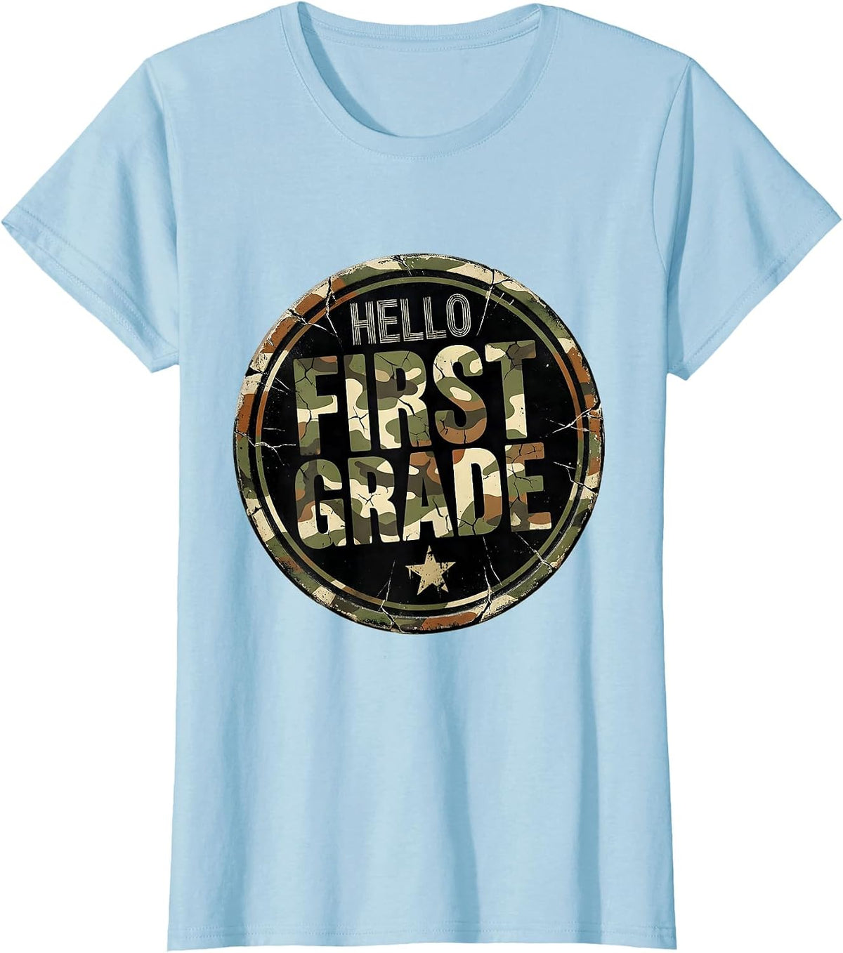 Women's Hello First Grade Distressed Camo First Day Of School Boys T-Shirt - Baby Blue