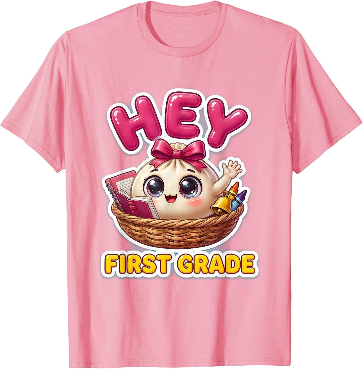 Men's Hey First Grade Cute Dumpling Back to School Girl Teacher T-Shirt - Pink