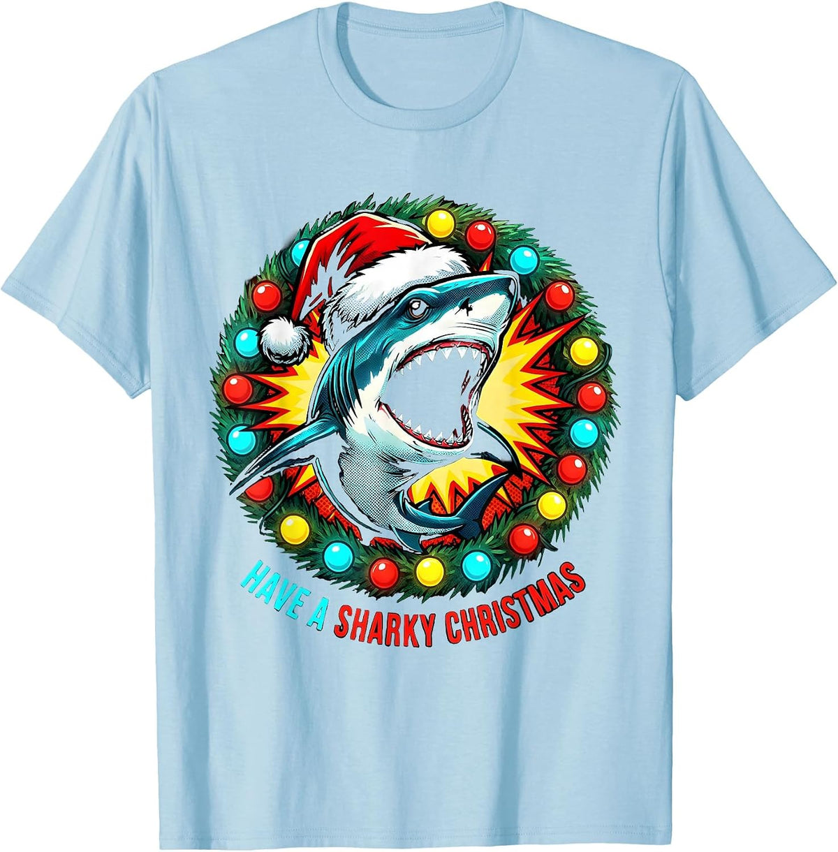 Men's Have a Sharky Christmas Funny Pop Art Shark Santa Hat T-Shirt - Baby Blue