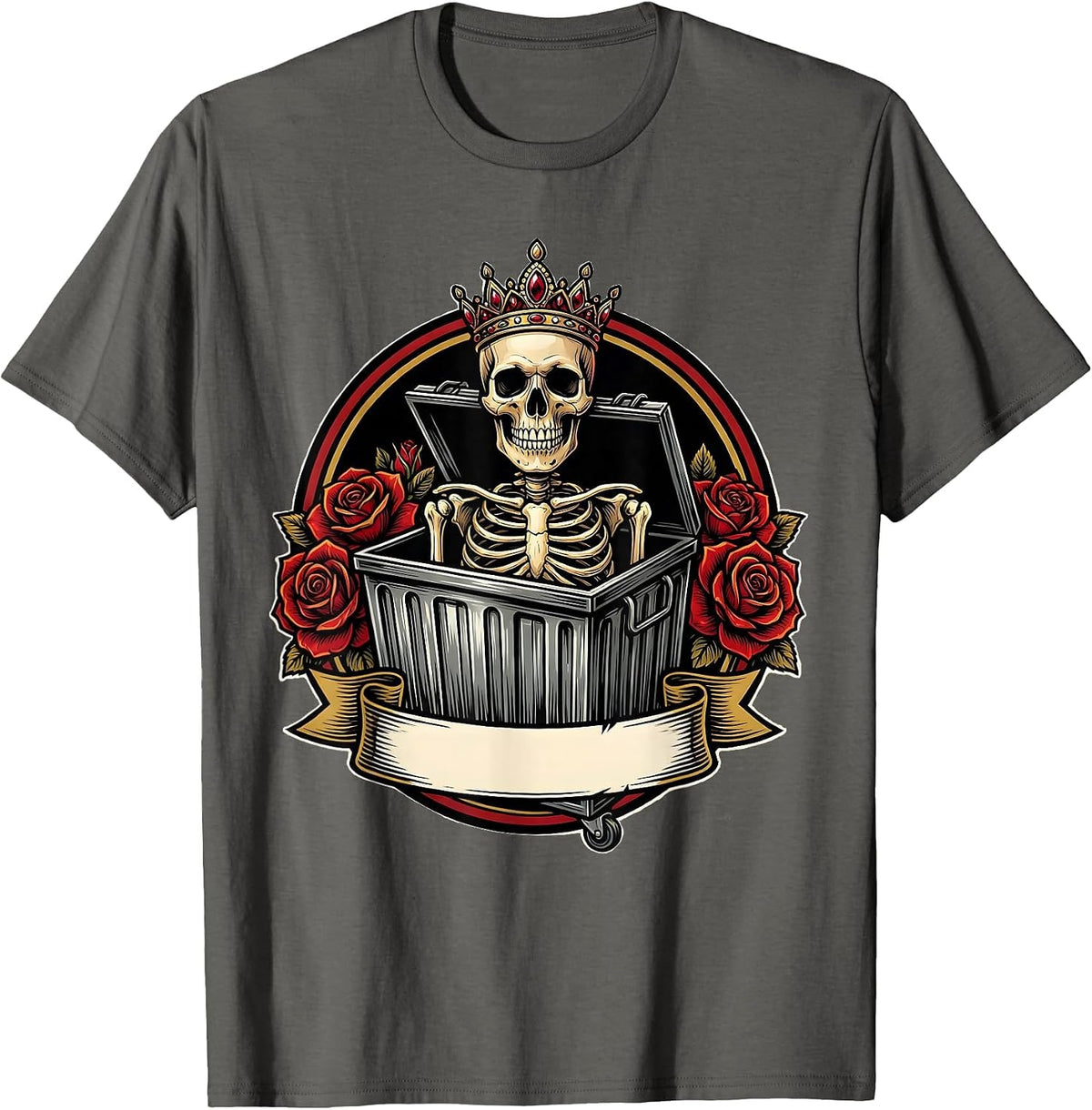 Skull Tiara Dumpster Funny Tattoo Culture Art T-Shirt - Asphalt Grey