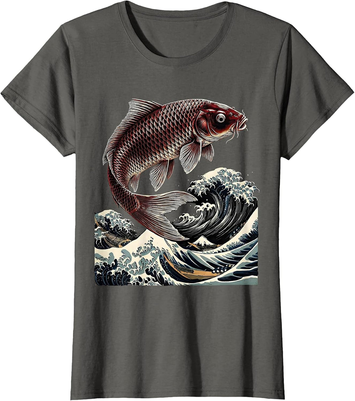 Women's Koi Fish Leaping Over Crashing Wave Japanese Art T-Shirt - Asphalt Grey