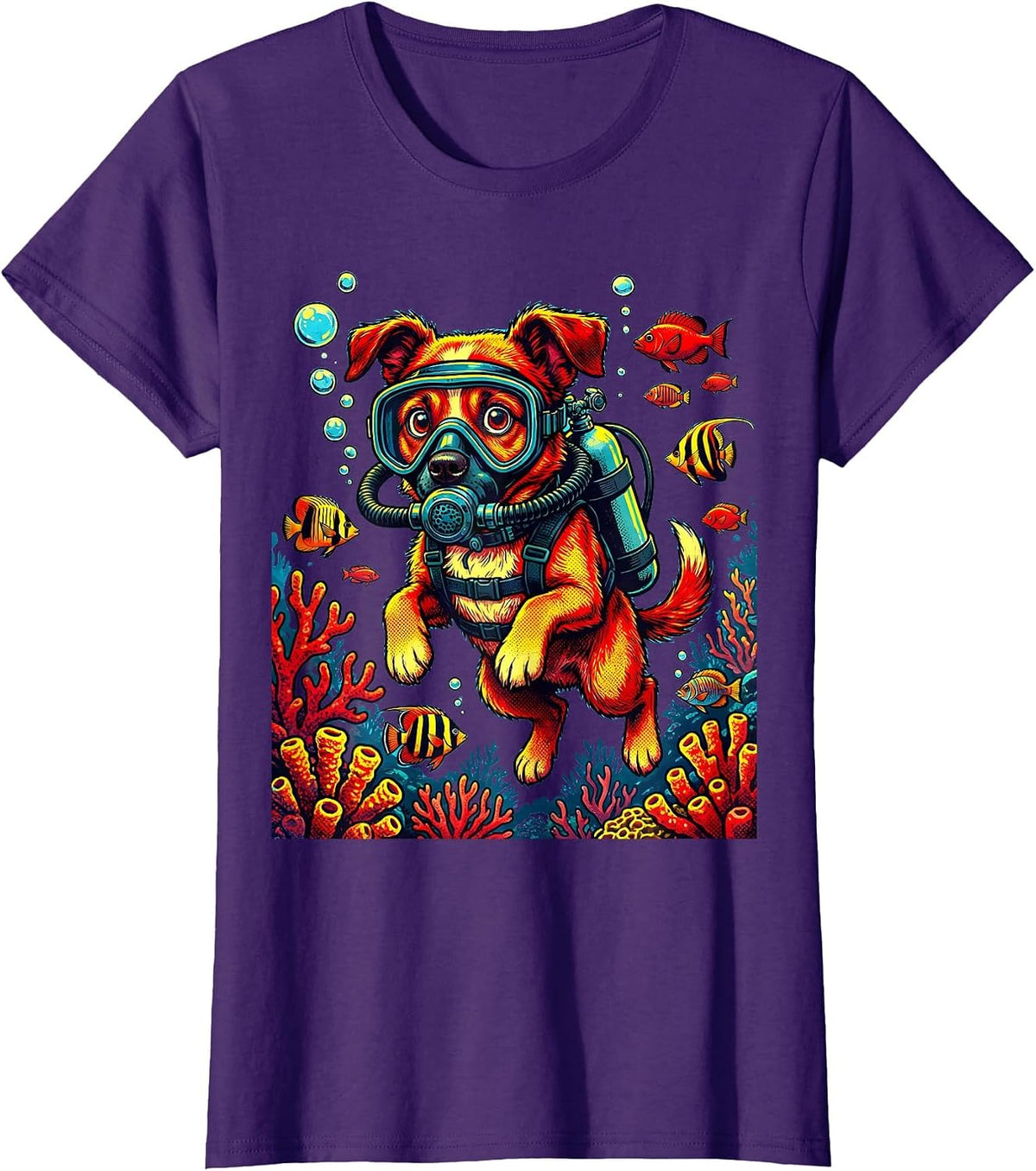 Women's Scuba Diving Dog Underwater Adventure Graphic T-Shirt - Purple