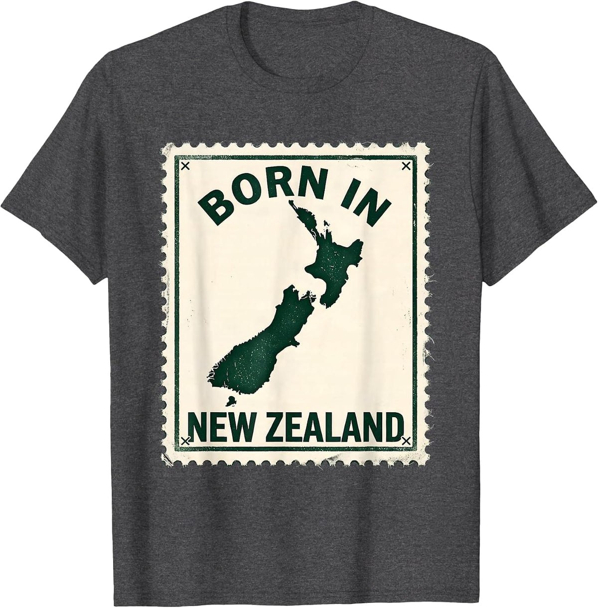 Men's Born In New Zealand Rubber Stamp Kiwi Map Rugby Pride T-Shirt - Dark Heather Grey