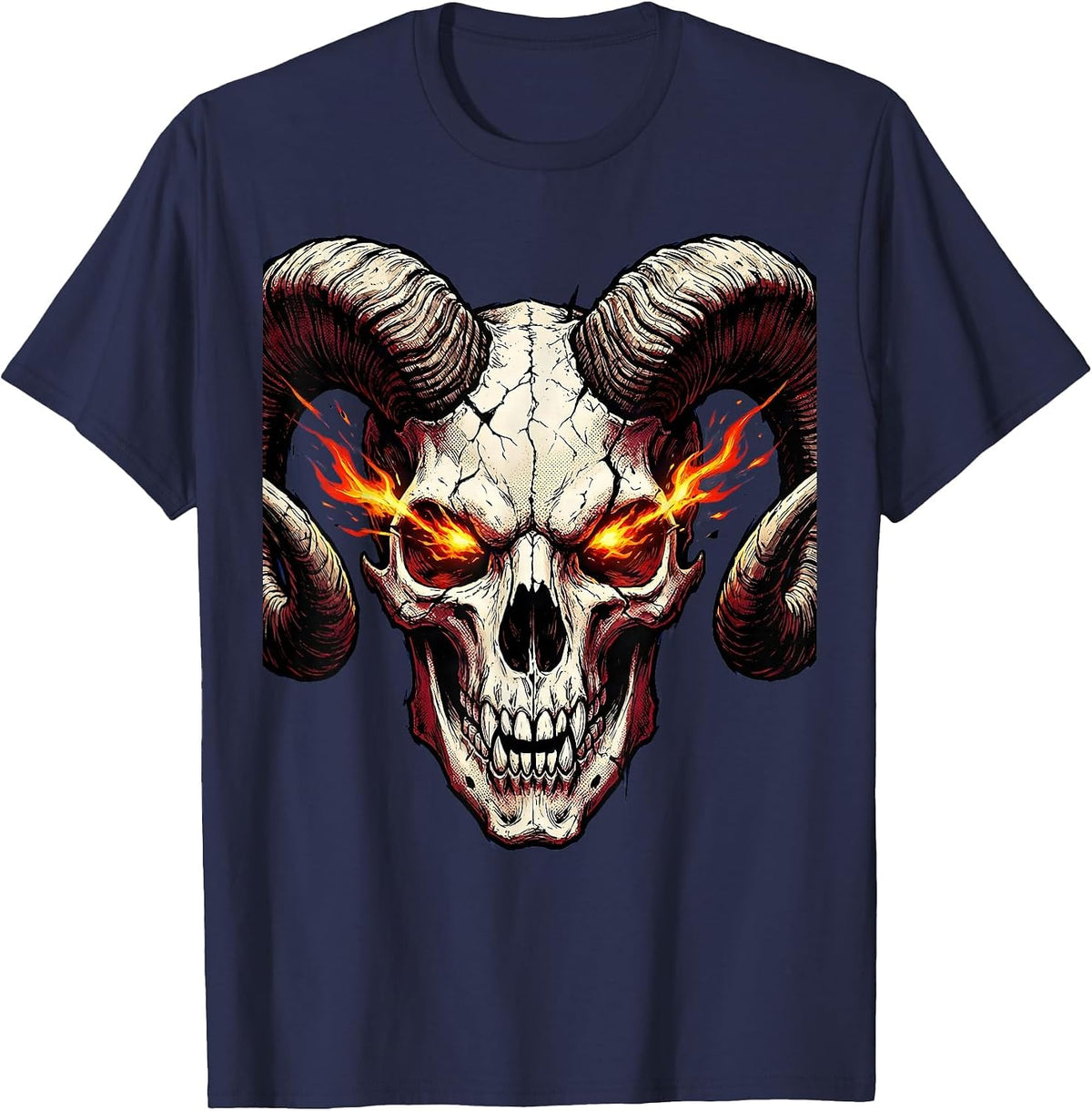 Horned Demon Skull With Burning Eyes Halloween T-Shirt - Navy Blue
