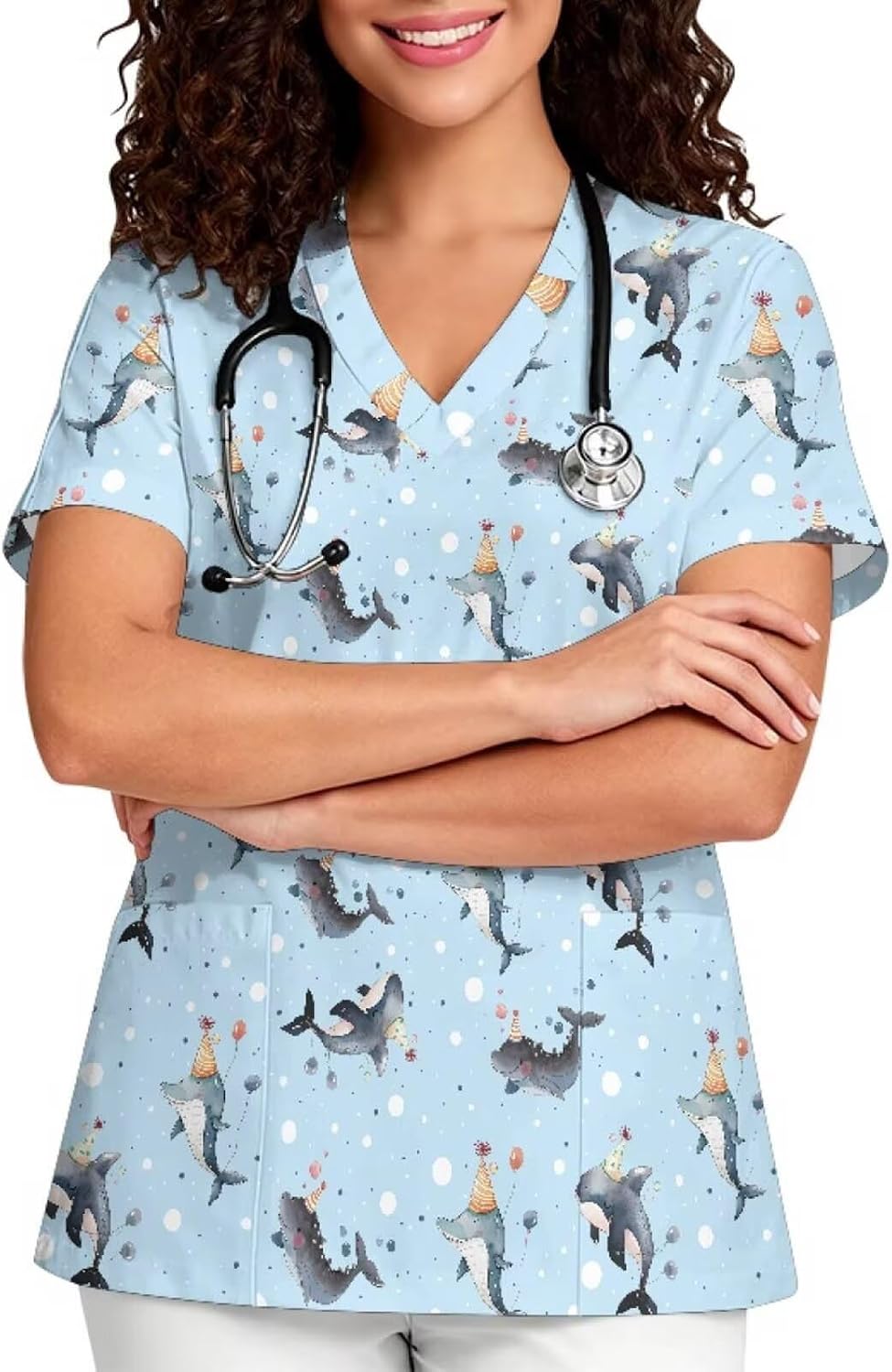 Women V-Neck Scrub Top, Soft Stretch Printed Medical Nurse Uniform - Cute Dolphin