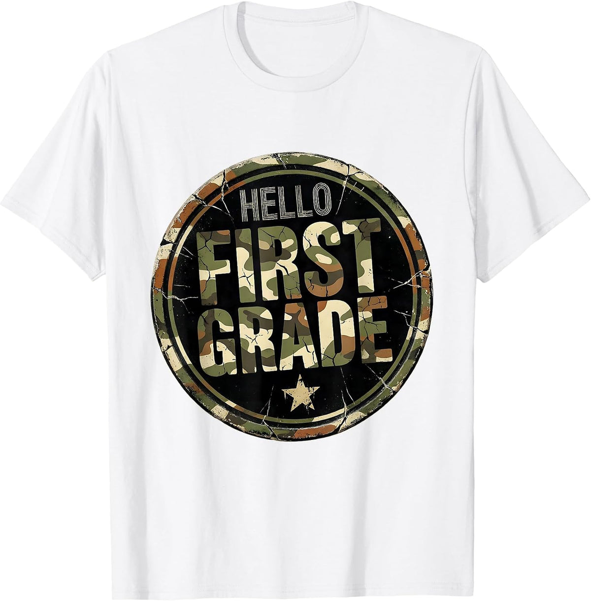 Men's Hello First Grade Distressed Camo First Day Of School Boys T-Shirt - White