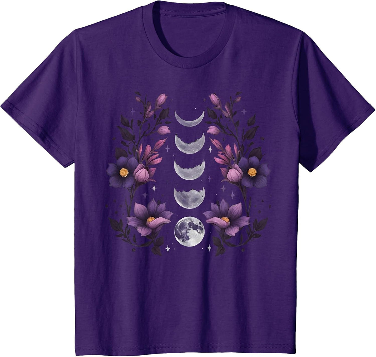 Celestial Moon Phase Boho Wildflowers Zodiac Witchcore T-Shirt - Purple