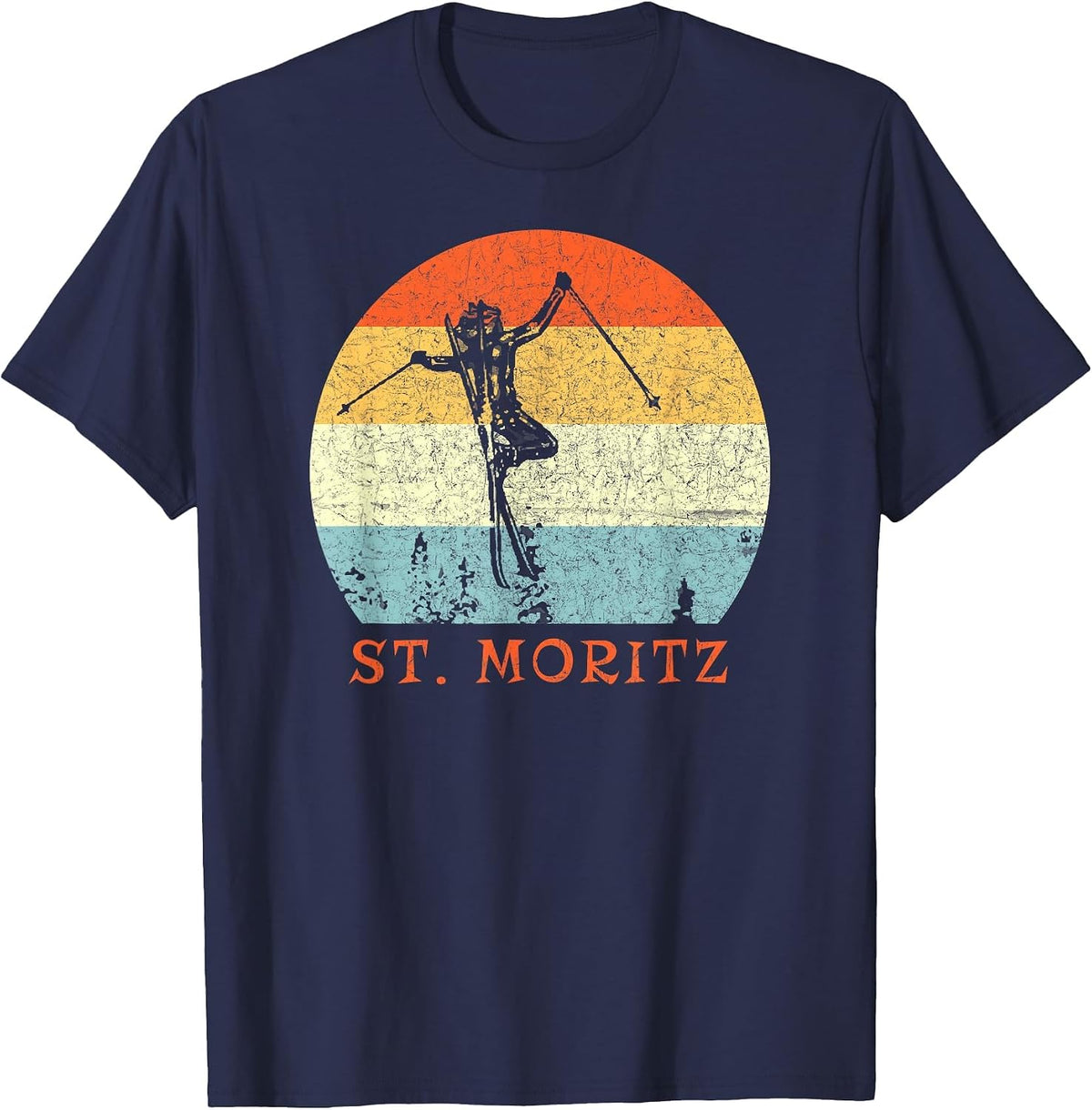 Ski St. Moritz, Switzerland Vintage Snow Skiing Vacation T-Shirt - Navy Blue
