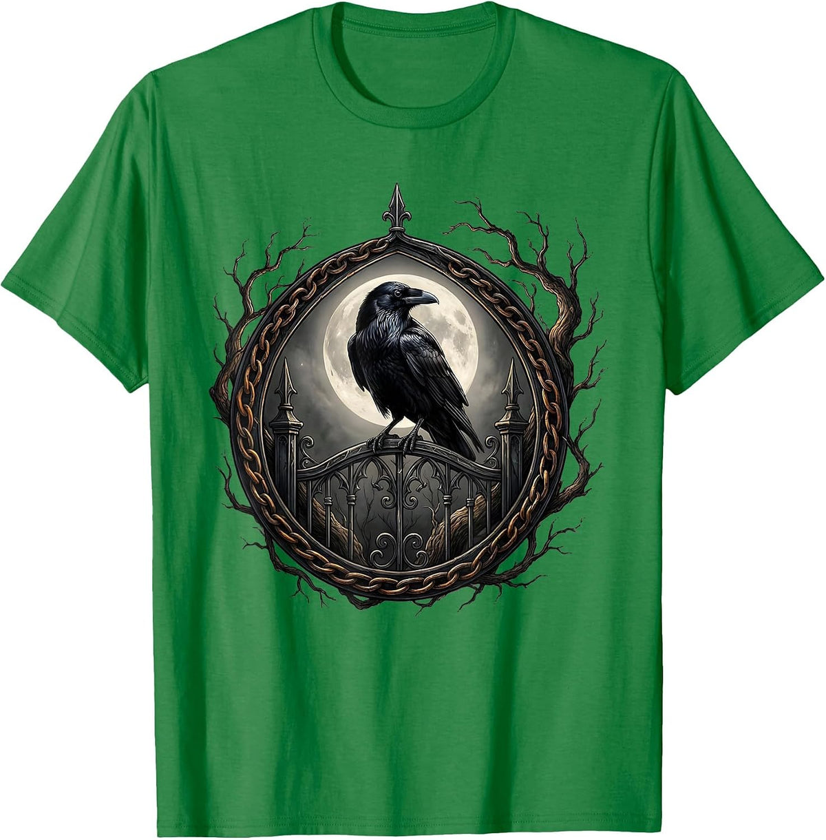 Men's Raven on Gothic Iron Gate Halloween Design T-Shirt - Kelly Green