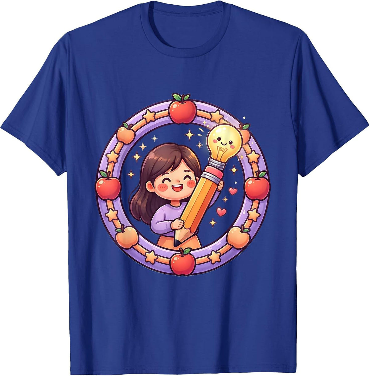 Elementary Teacher Lightbulb Pencil Raise Hand Design T-Shirt - Royal Blue
