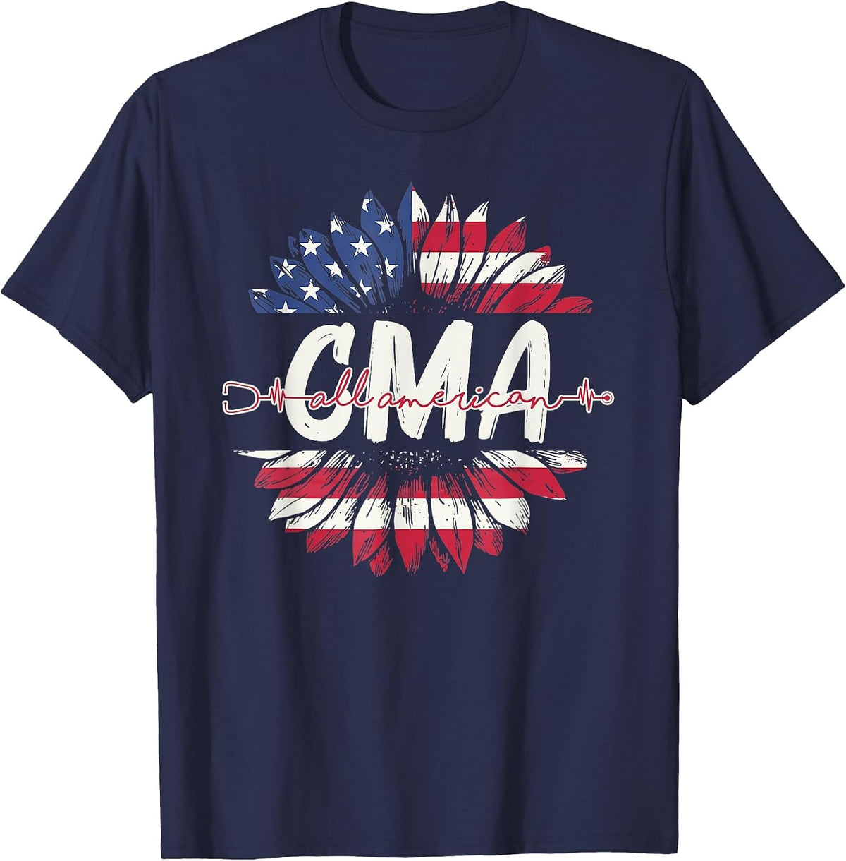 All American CMA Life American Flag Sunflower 4th of July T-Shirt - Navy Blue