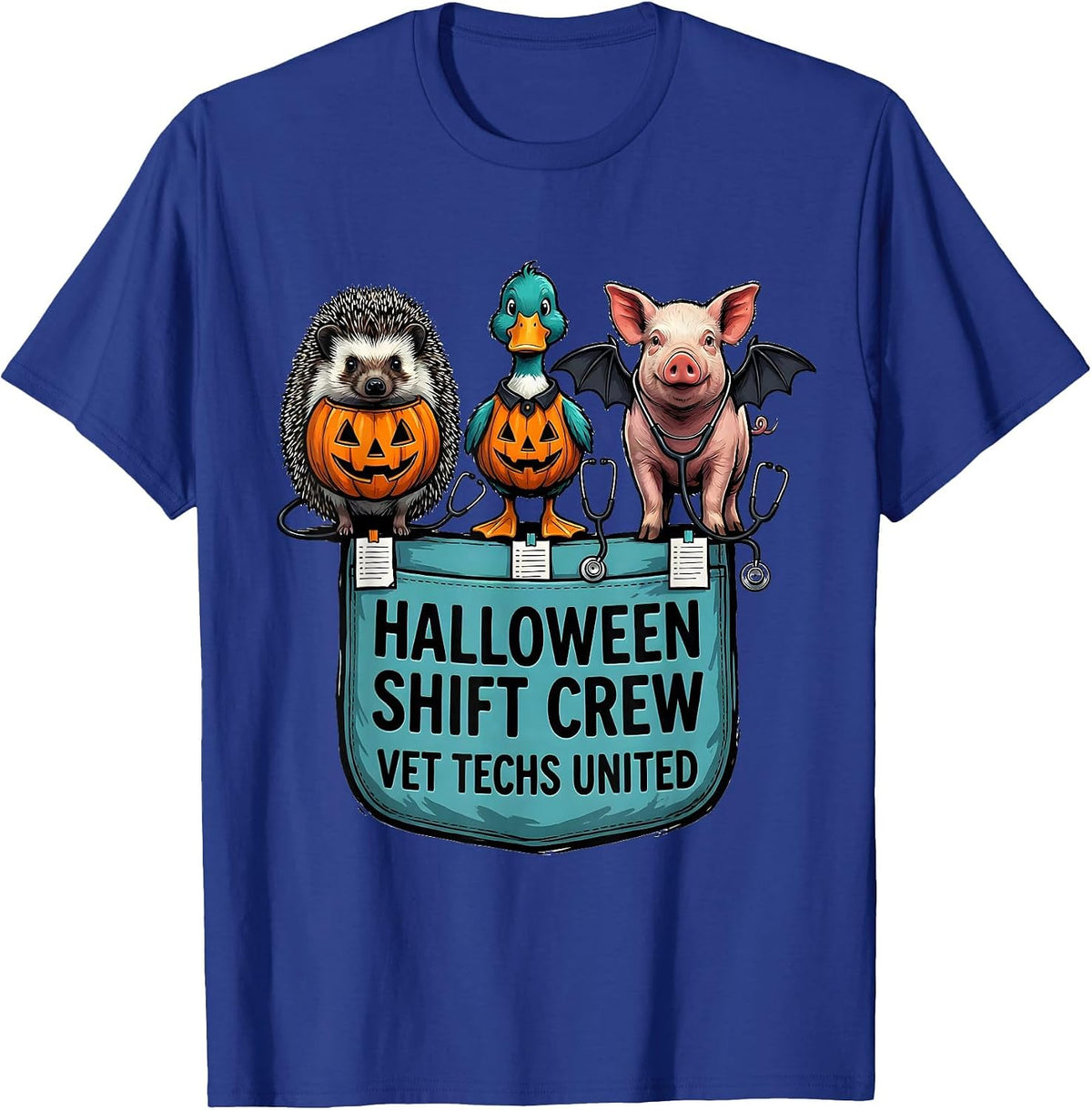 Men's Halloween Shift Crew Vet Techs United Whimsical Workplace T-Shirt - Royal Blue