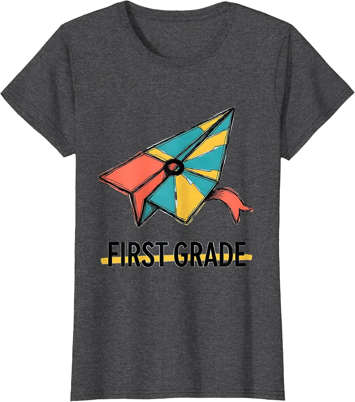 Women's First Grade Cute Preppy Back To School Pennant Flag Girl T-Shirt - Dark Heather Grey