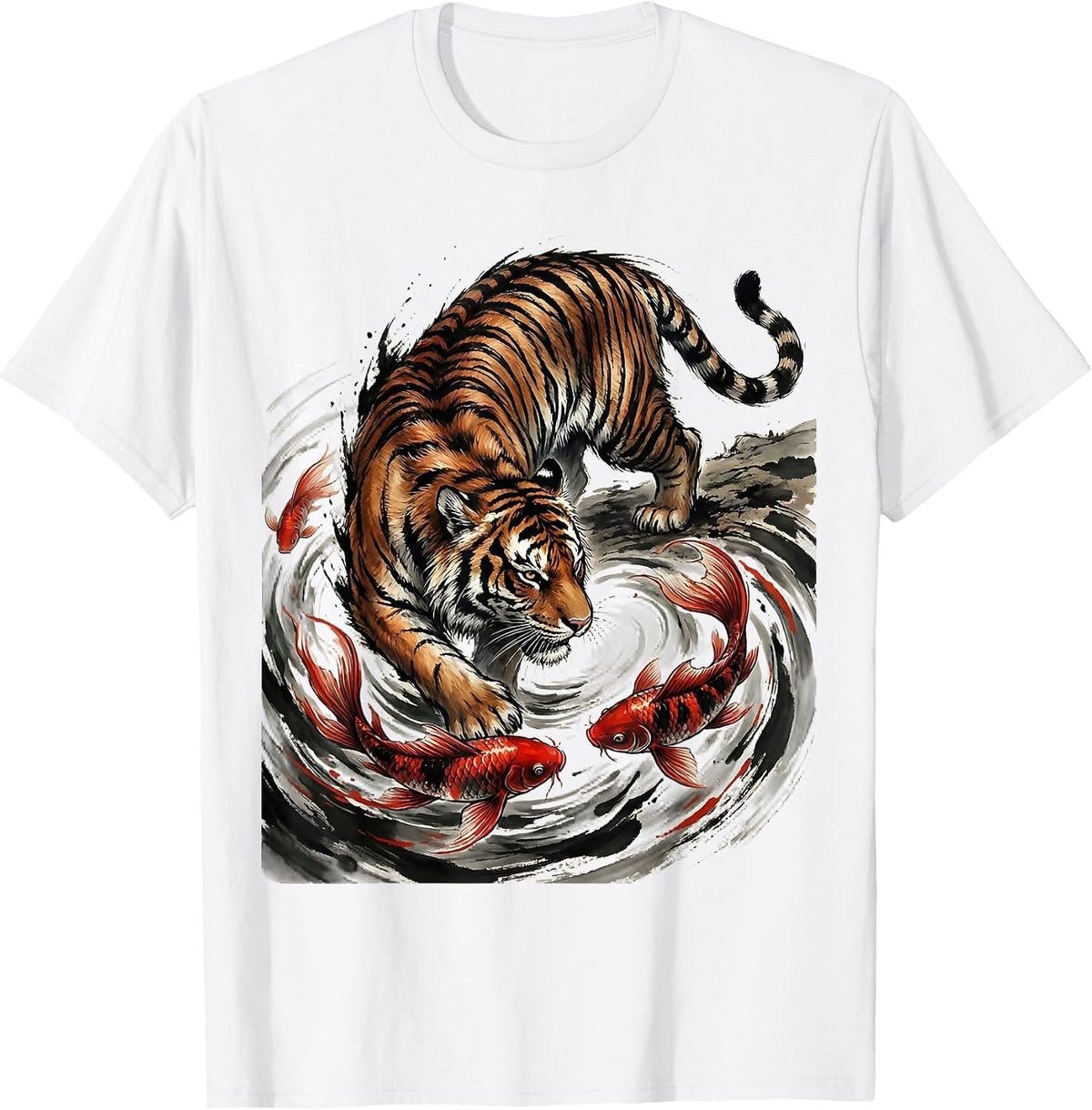 Men's Tiger and Koi Fish Swirling Pattern Graphic T-Shirt - White