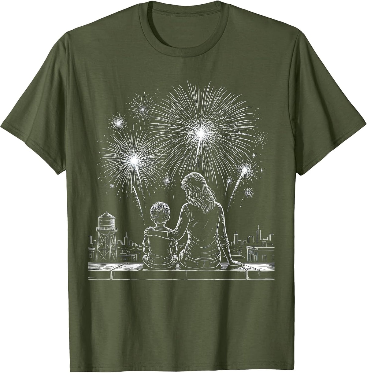 Boy Mama Rooftop Fireworks Mother Son Design T-Shirt - Olive Green