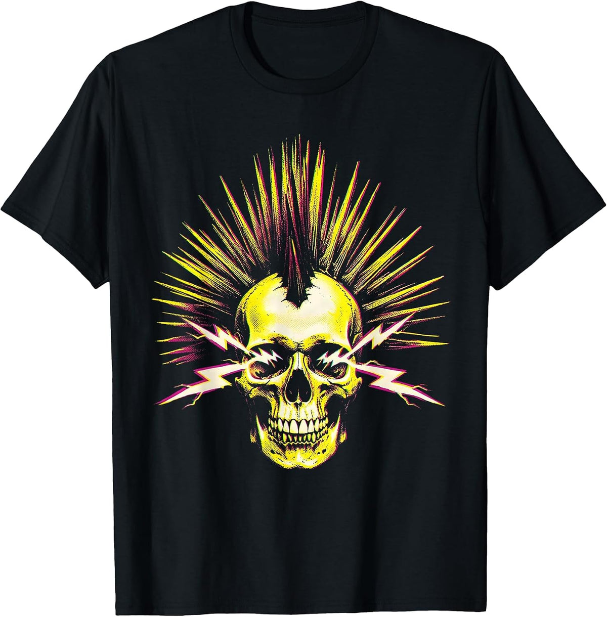 Men's Punk Mohawk Skull Lightning Bolt Eyes Design T-Shirt - Black