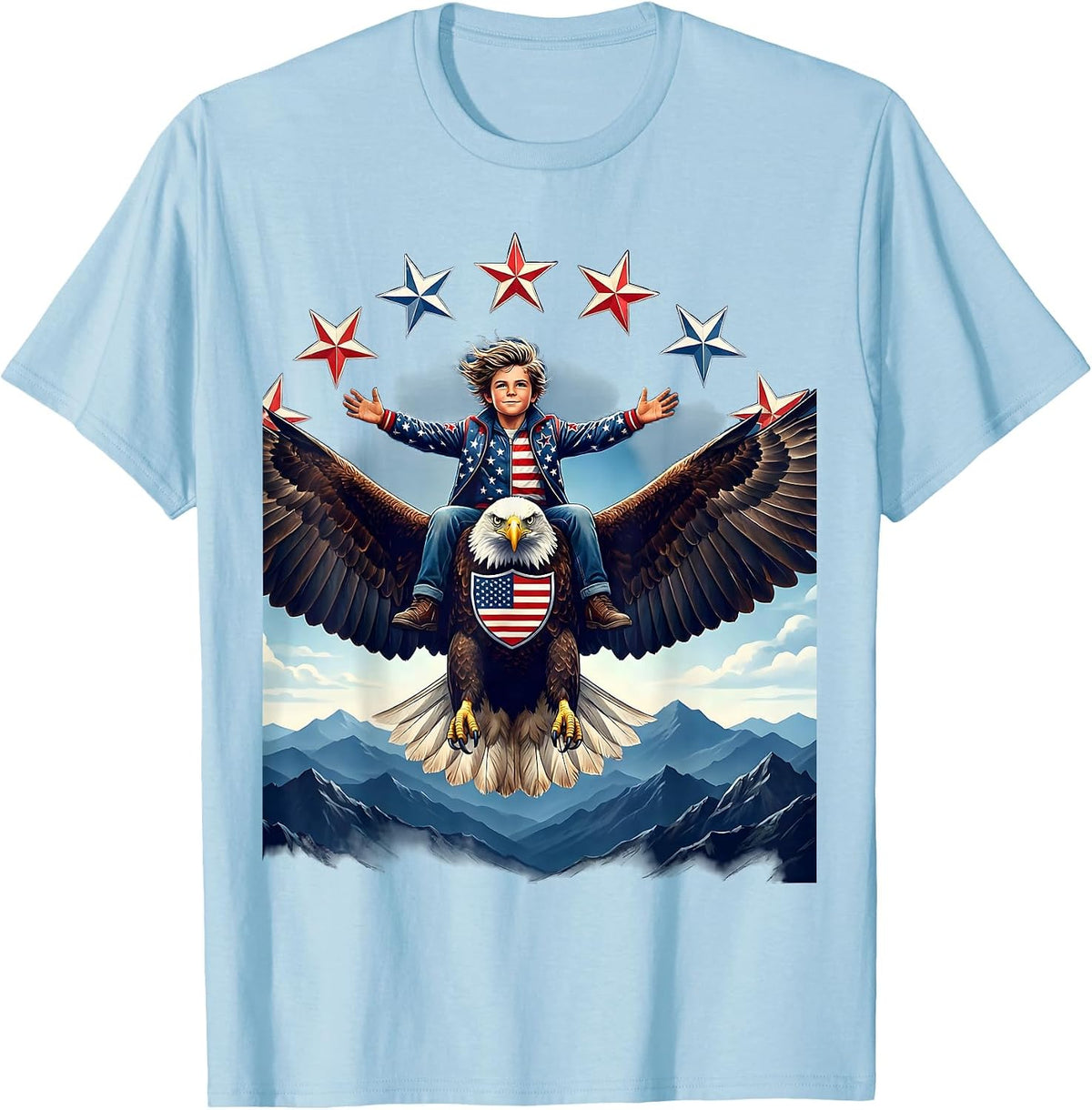 Men's American Flag Bald Eagle Mountain Rider Design T-Shirt - Baby Blue