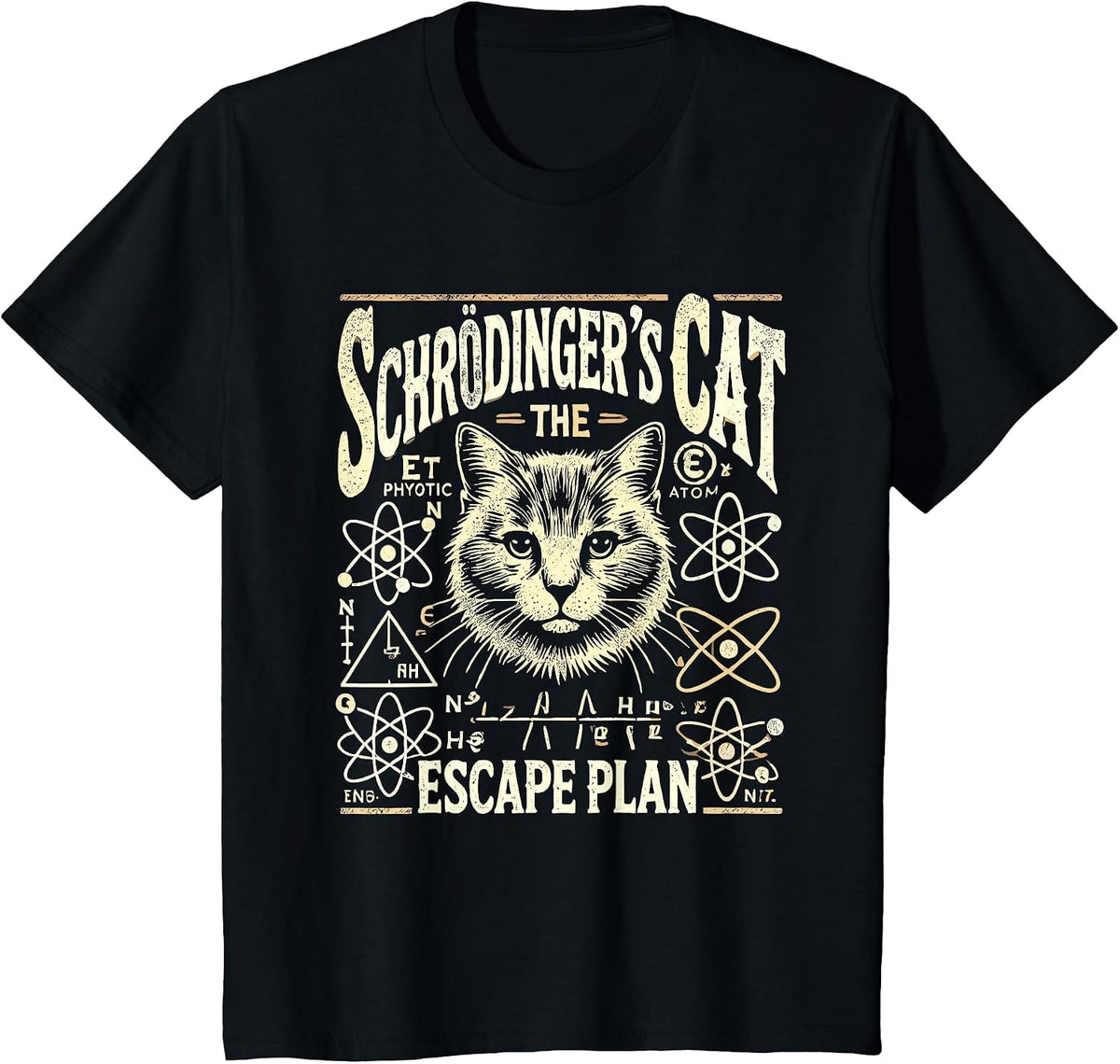 Schrodingers Cat Escape Plan, Funny Quantum Physics Science T-Shirt - Black