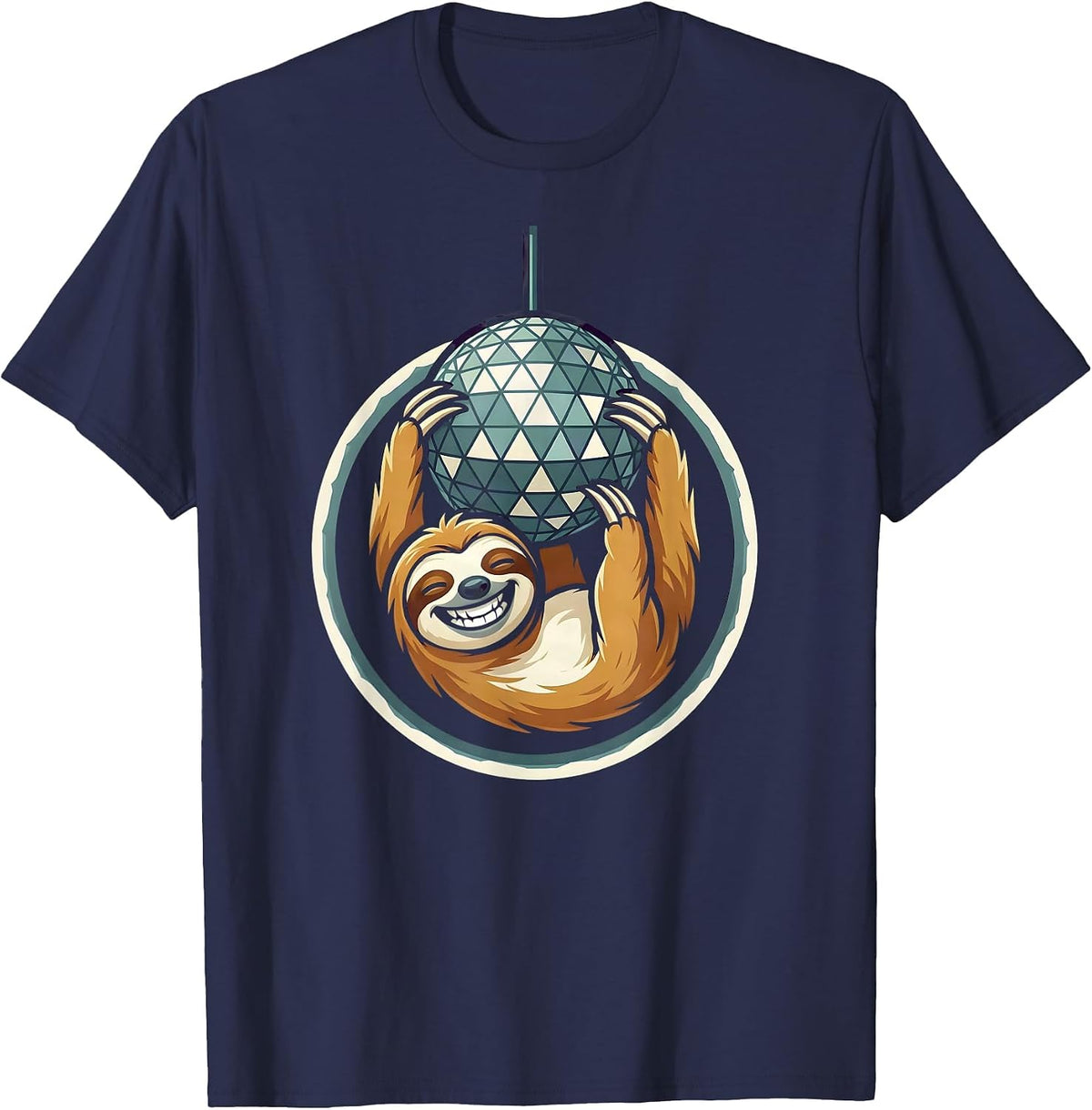 Party Animal Sloth Hanging From a Disco Ball T-Shirt - Navy Blue