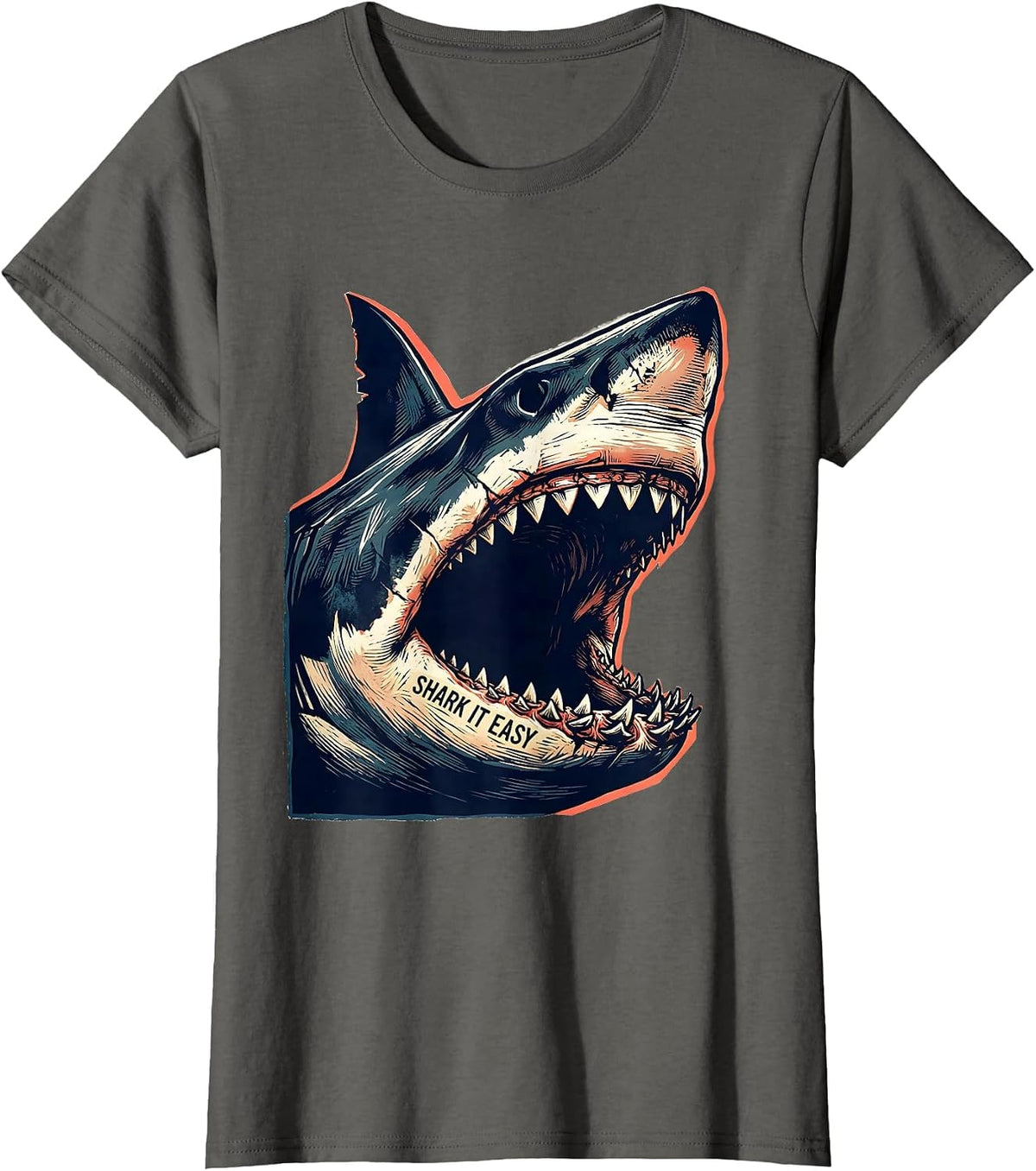 Women's Shark It Easy Linocut Funny Shark Lover Ocean Animal Humor T-Shirt - Asphalt Grey