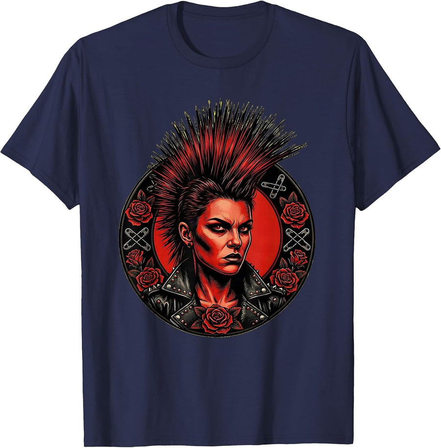 Punk Mohawk Leather Jacket Rebel Art Design T-Shirt - Navy Blue
