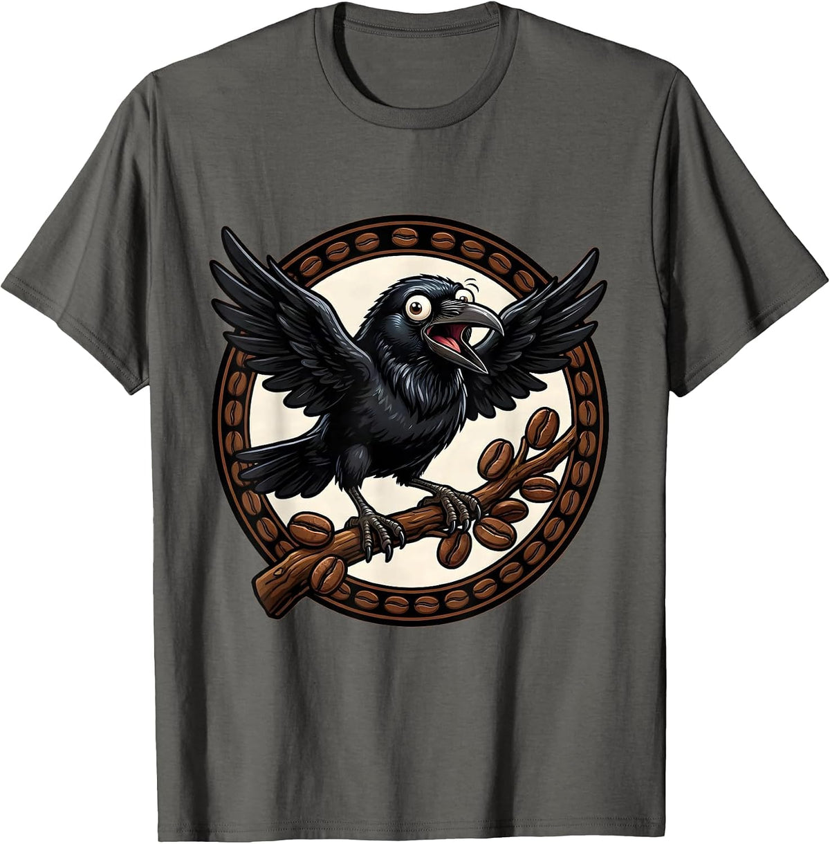 Men's Raven Clutching Coffee Bean Branch Illustration T-Shirt - Asphalt Grey