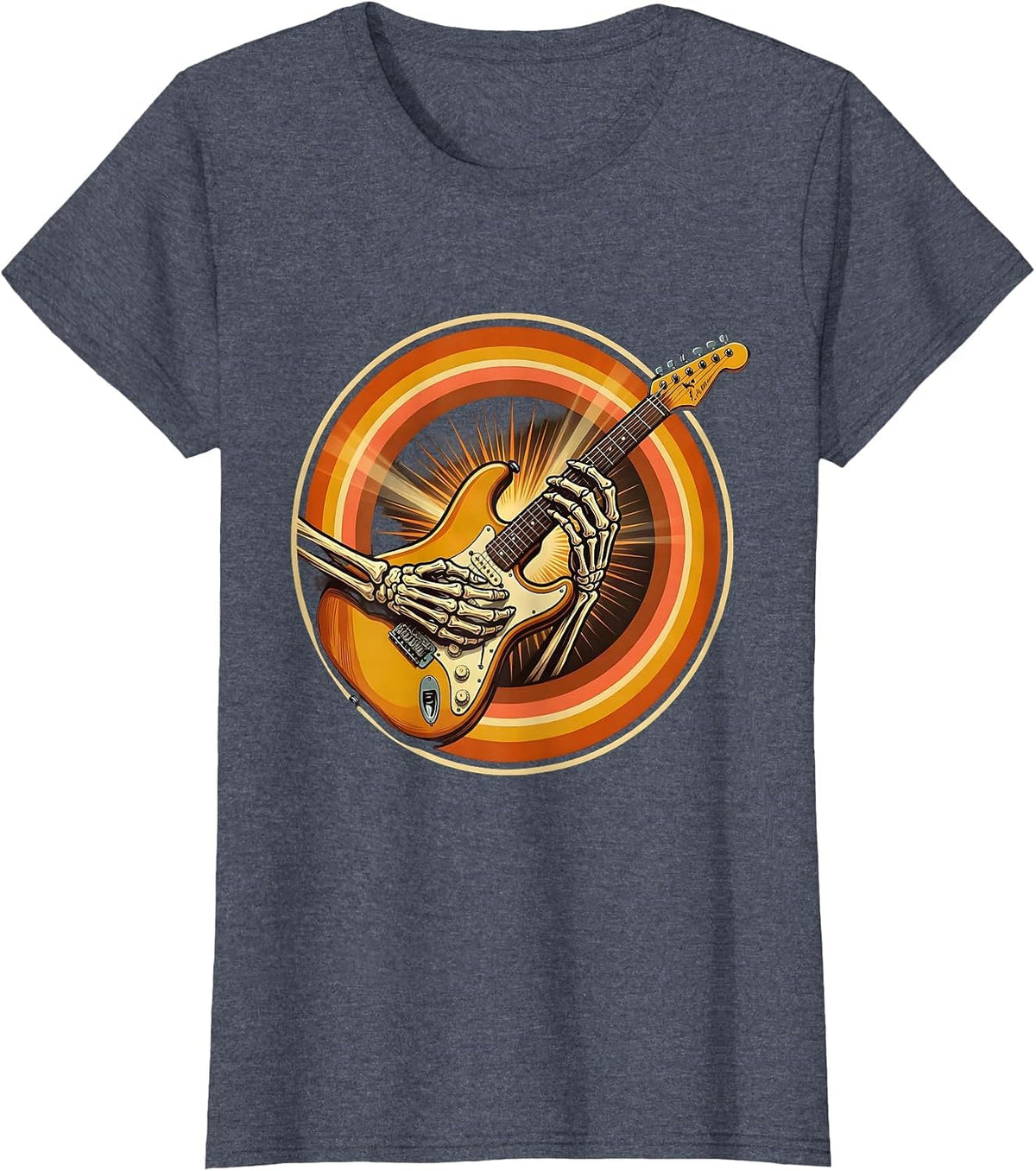 Women's Skeleton Guitarist Shredding on Stage Graphic T-Shirt - Heather Blue