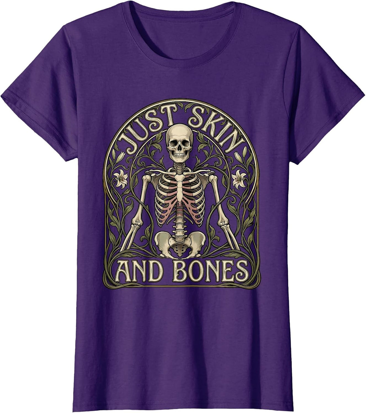 Women's Just Skin and Bones Skeleton Graphic Design T-Shirt - Purple