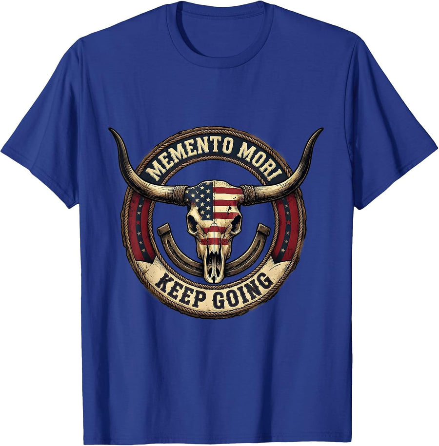 Memento Mori Keep Going Skull Graphic Design T-Shirt - Royal Blue