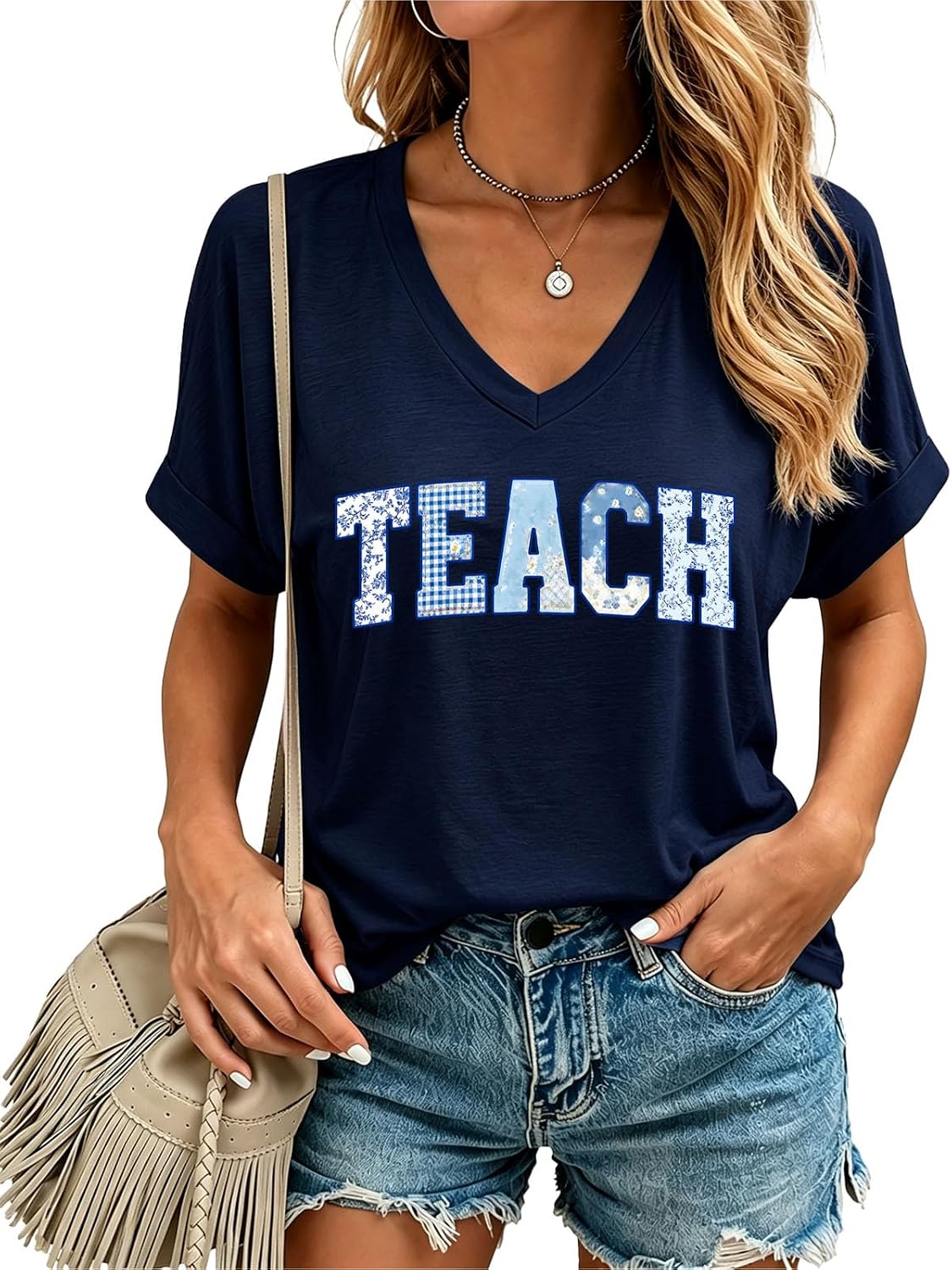 Teacher Shirts for Women Happy First Day of School T-Shirt Cute School Tee - Navyblue