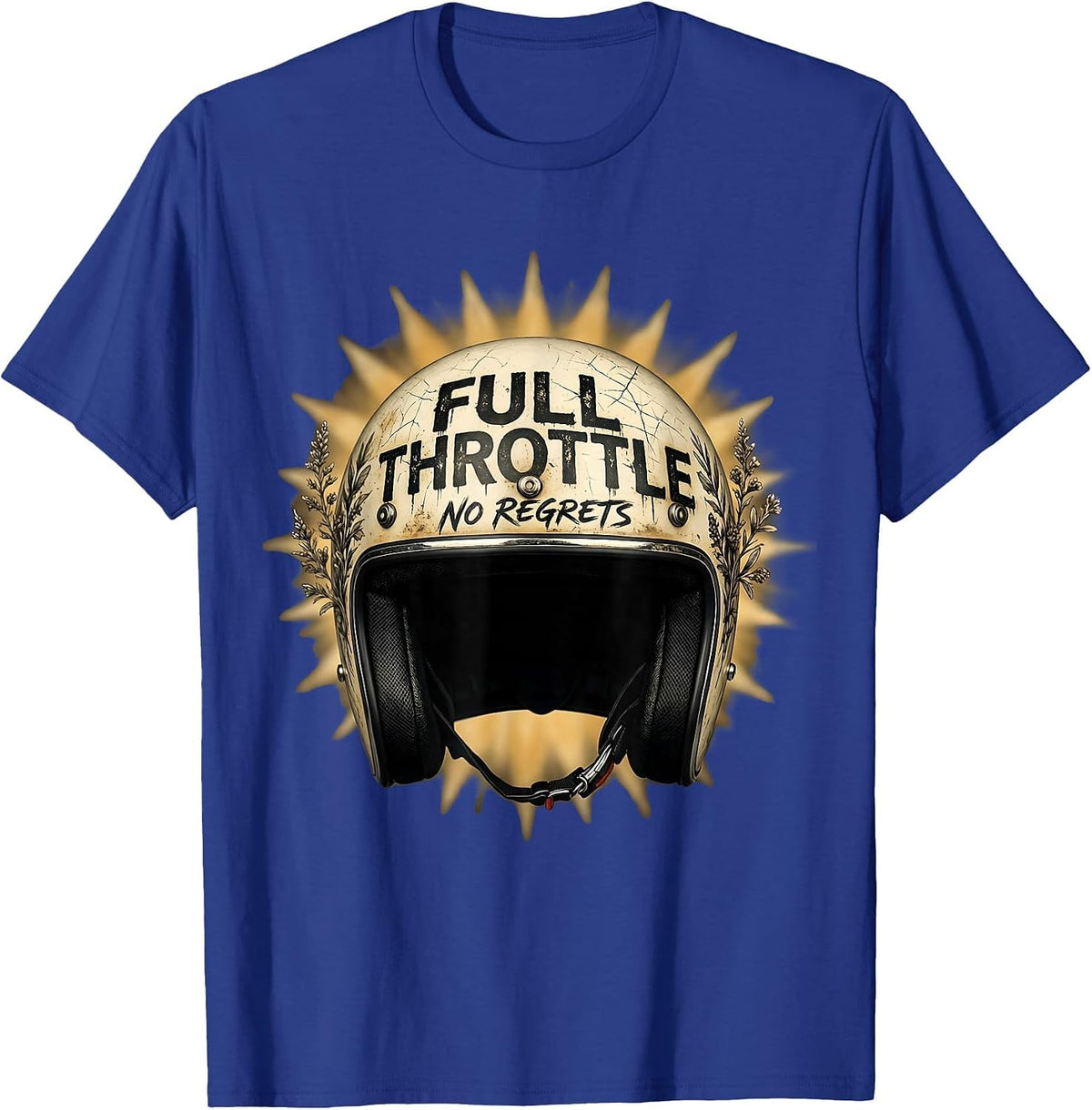 Full Throttle No Regrets Biker Design T-Shirt - Royal Blue