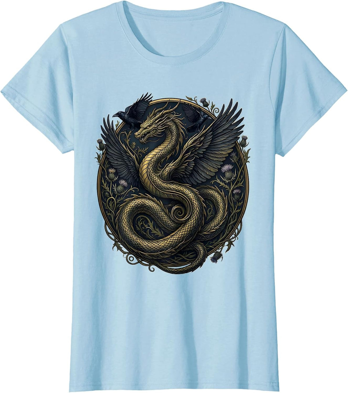 Dragon Dissolving Into Ravens Dark Fantasy Art T-Shirt - Baby Blue