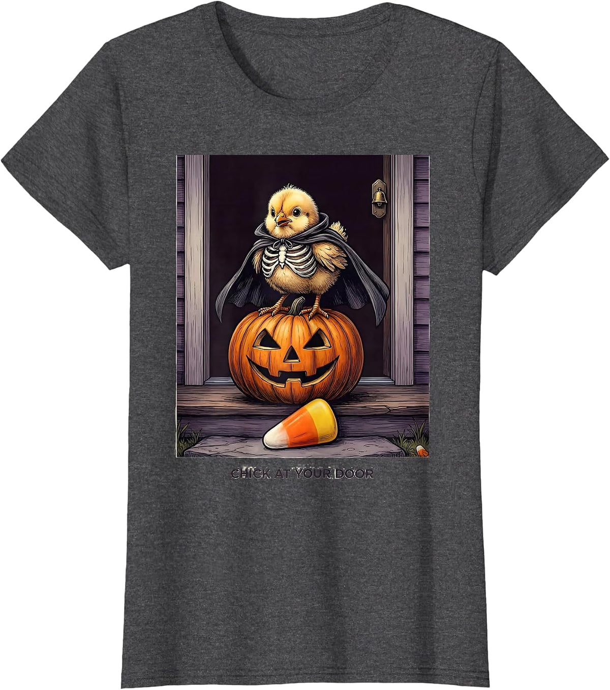 Women's Chick At Your Door Funny Halloween Chicken Lover Costume T-Shirt - Dark Heather Grey