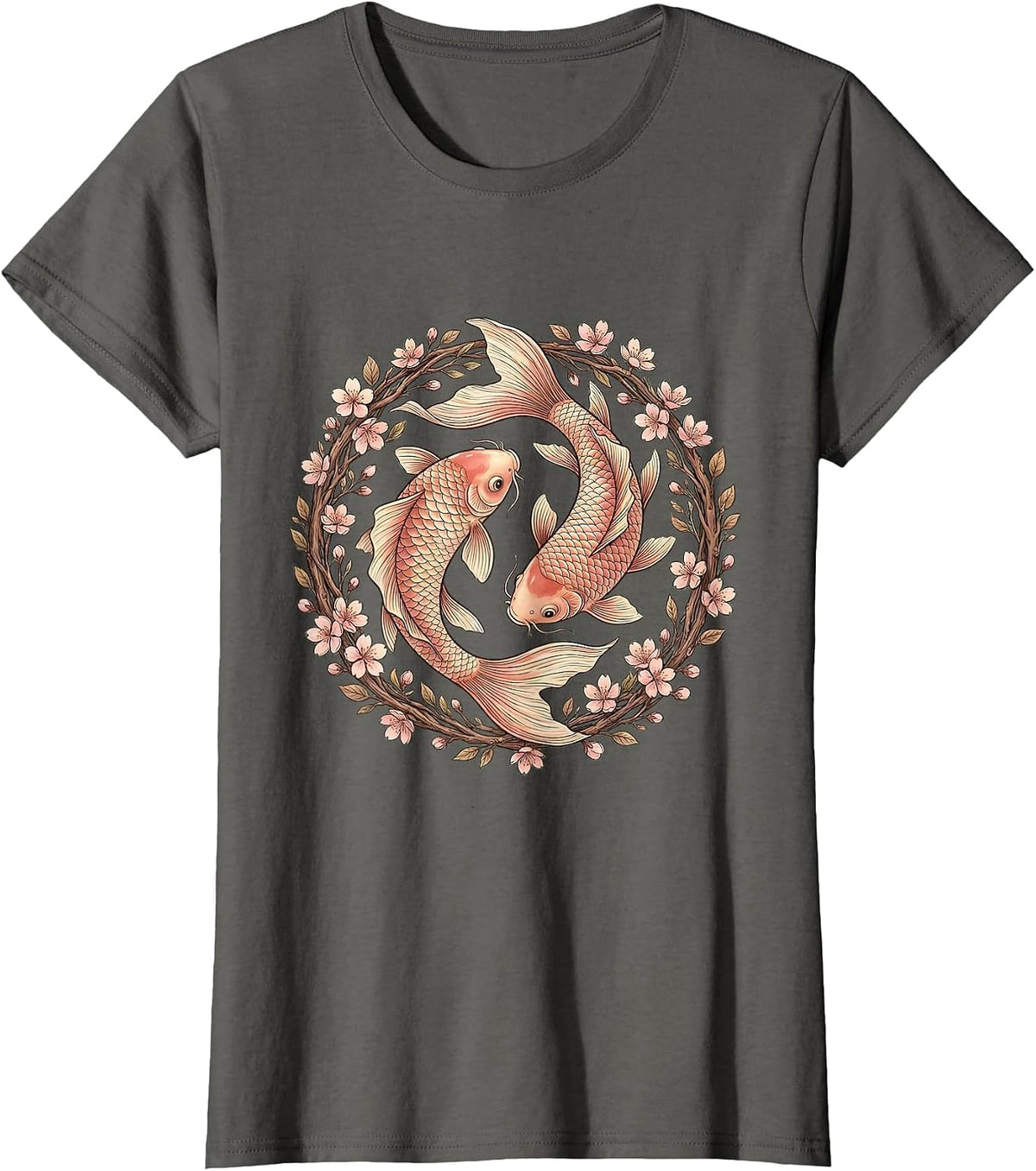 Women's Koi Fish Pink Cherry Blossom Cancer Awareness T-Shirt - Asphalt Grey