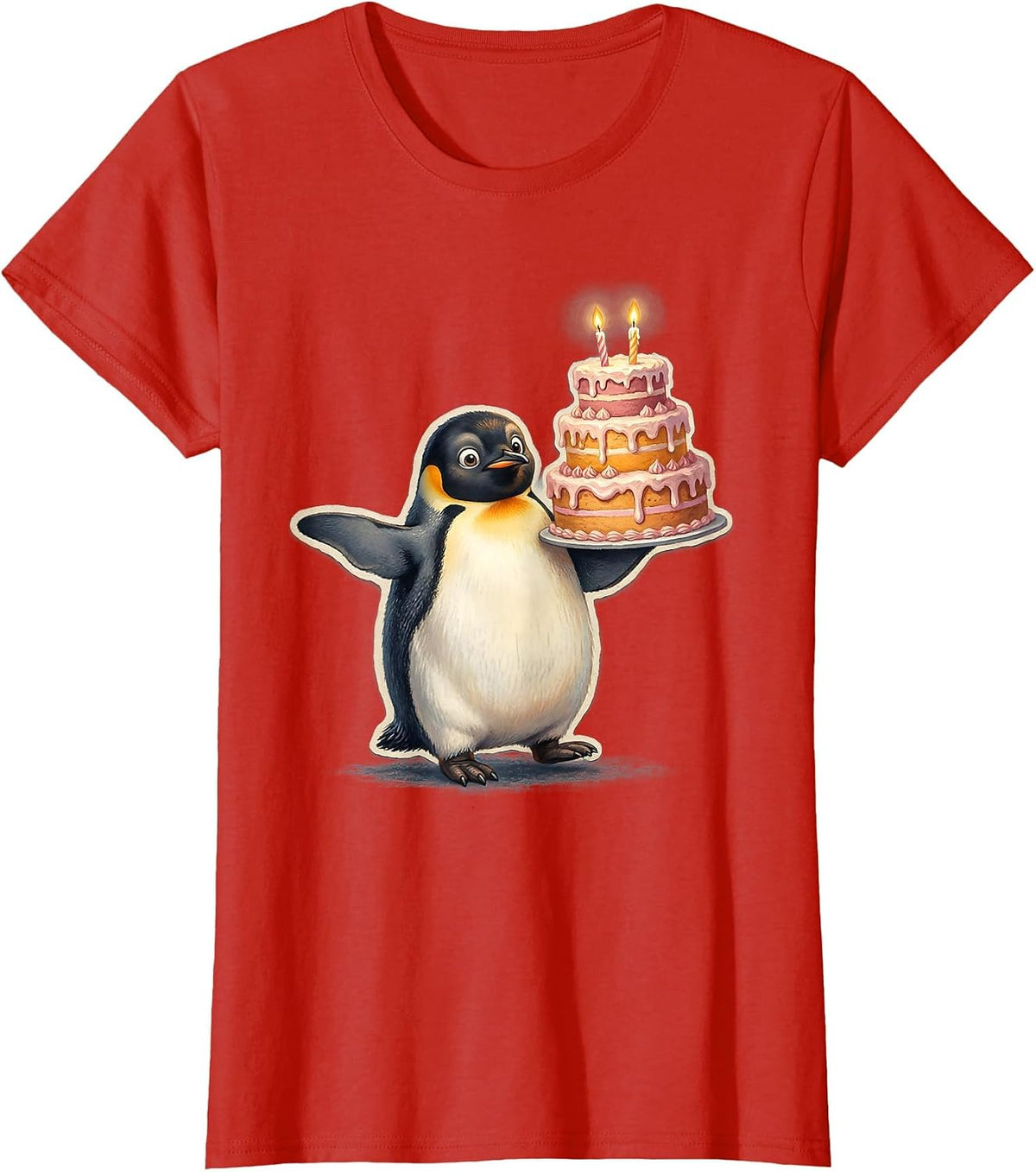Penguin Balancing Cake 2nd Birthday Graphic T-Shirt - Red