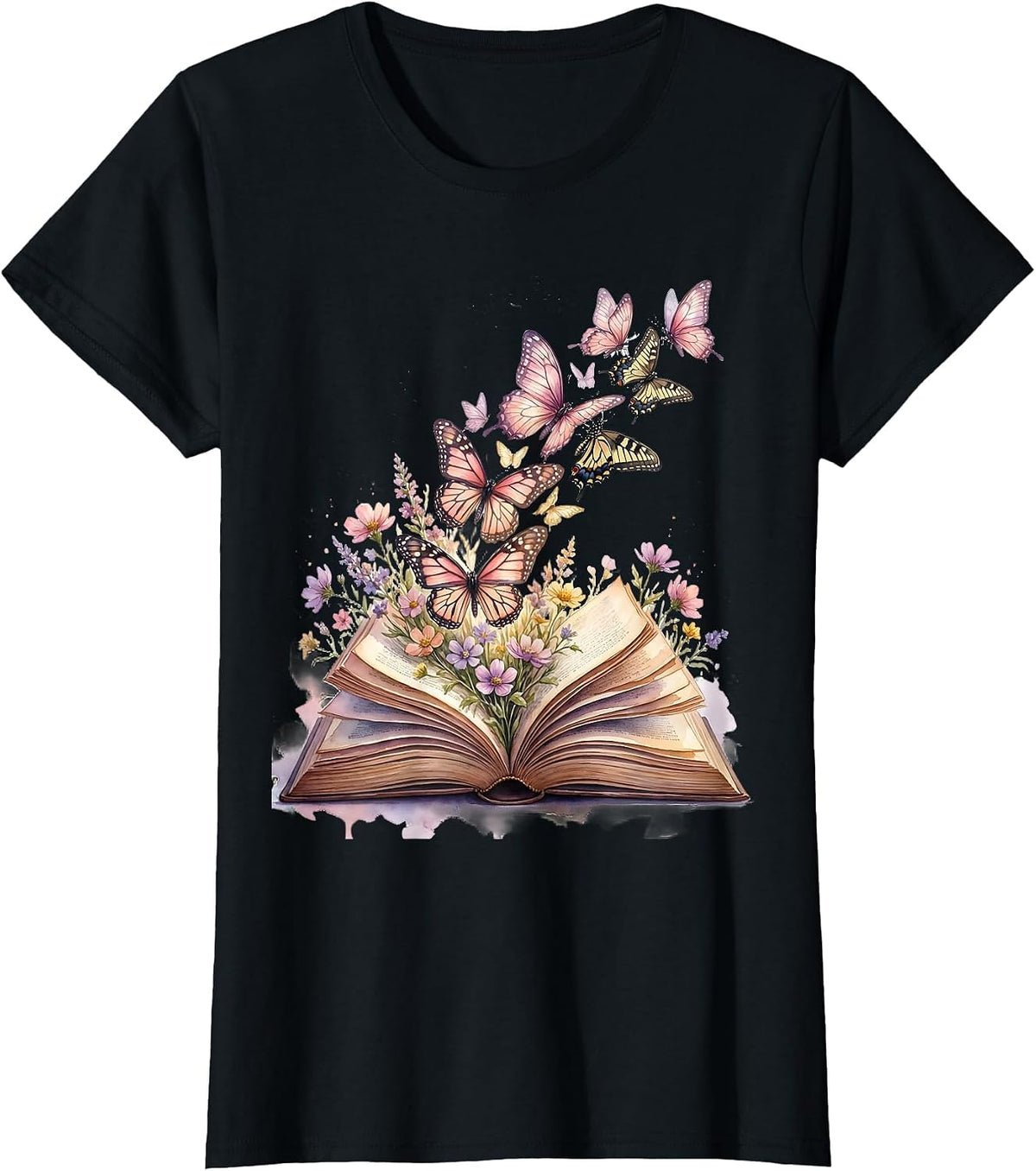 Elementary Teacher Open Book Butterflies Design T-Shirt - Black